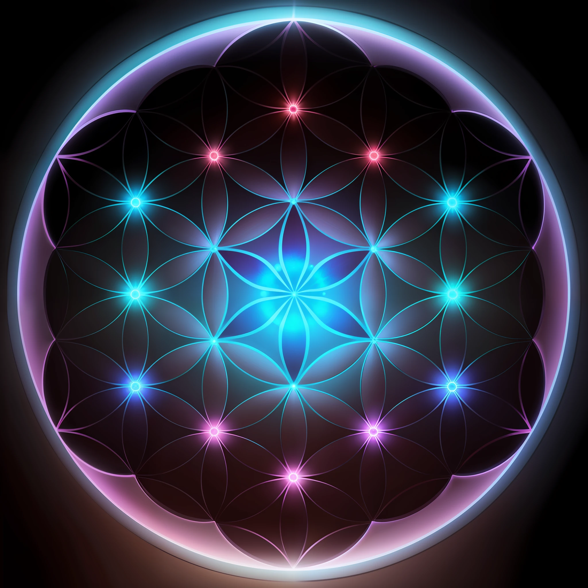 There is a sacred geometry of the flower of life with perfect lines glowing in the dark, luminescent spherical shape, The Pattern of the Sacred Geometry of the Flower of Life;, Translucent balls of light, Bright circles form the geometry of the flower of life, A colorful magical flower of life, bright neon lines, uma flor da vida brilhante