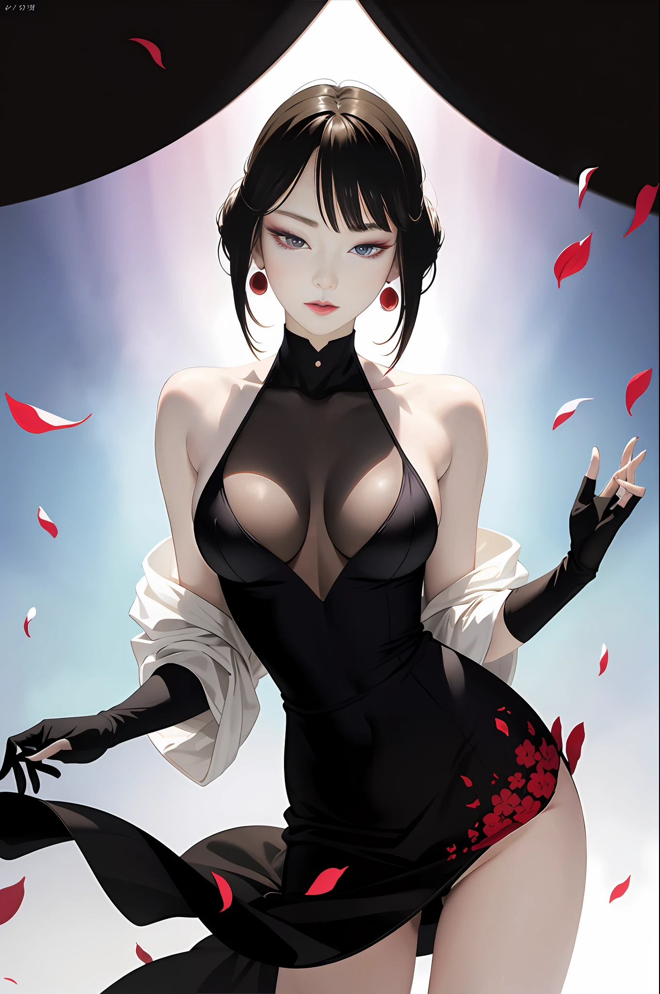 tsuruta ichiro, Narrow-eyed, 1girl in, Allback、deadpan、short-hair、shorth hair、brow、Reluctance、A dark-haired、Tucked Hair Solo, Cowgirl, Onepiece, ((mideum breasts)), Thin slit eyes、Black eyes, Light shines on the eyes、Black hair, gloves, Dress, Luxurious Jewelry, earrings, sharp eye、 elbow groves,Raise your hands and tie your hair back, random color, random color dress, Makeup for long eyes, Slender eyes、lip stick, Complex petal pattern, Rim Light, Back Light, pastel color,Studio Lighting