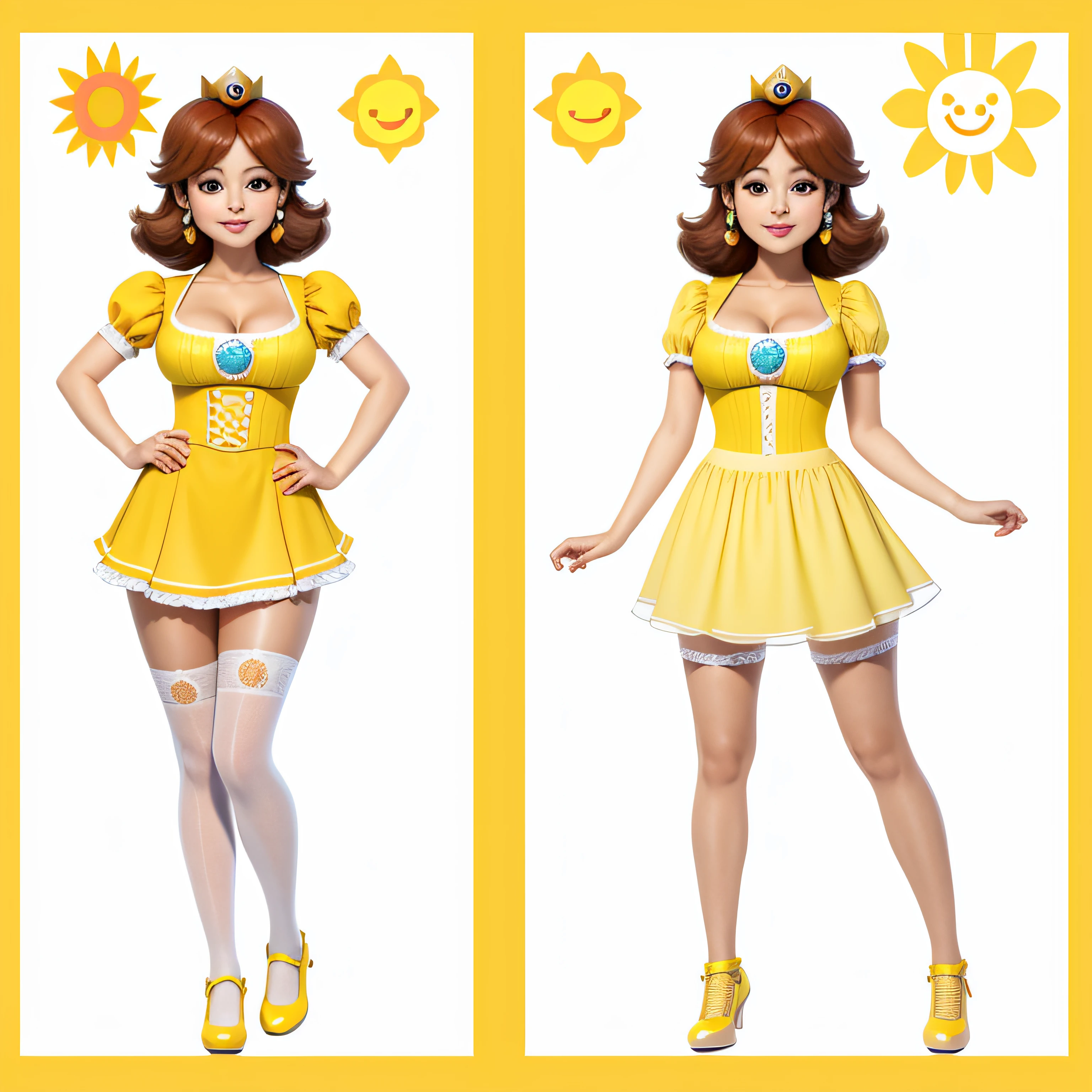 STICKER Princess Daisy from Mario, face view, best quality, masterpiece, highres:1.3, solid outline:1.2, absurdres, women full view, large breasts, blush, Brown hair, unbuttoned yellow sun dress, full body portrait, no background, perfect face, detailed face, bangs, perfect body, beautiful eyes, pretty face, bright skin, idol, cleavage, white stockings, unbutton top, yellow panties, full body, shoes visible, crown