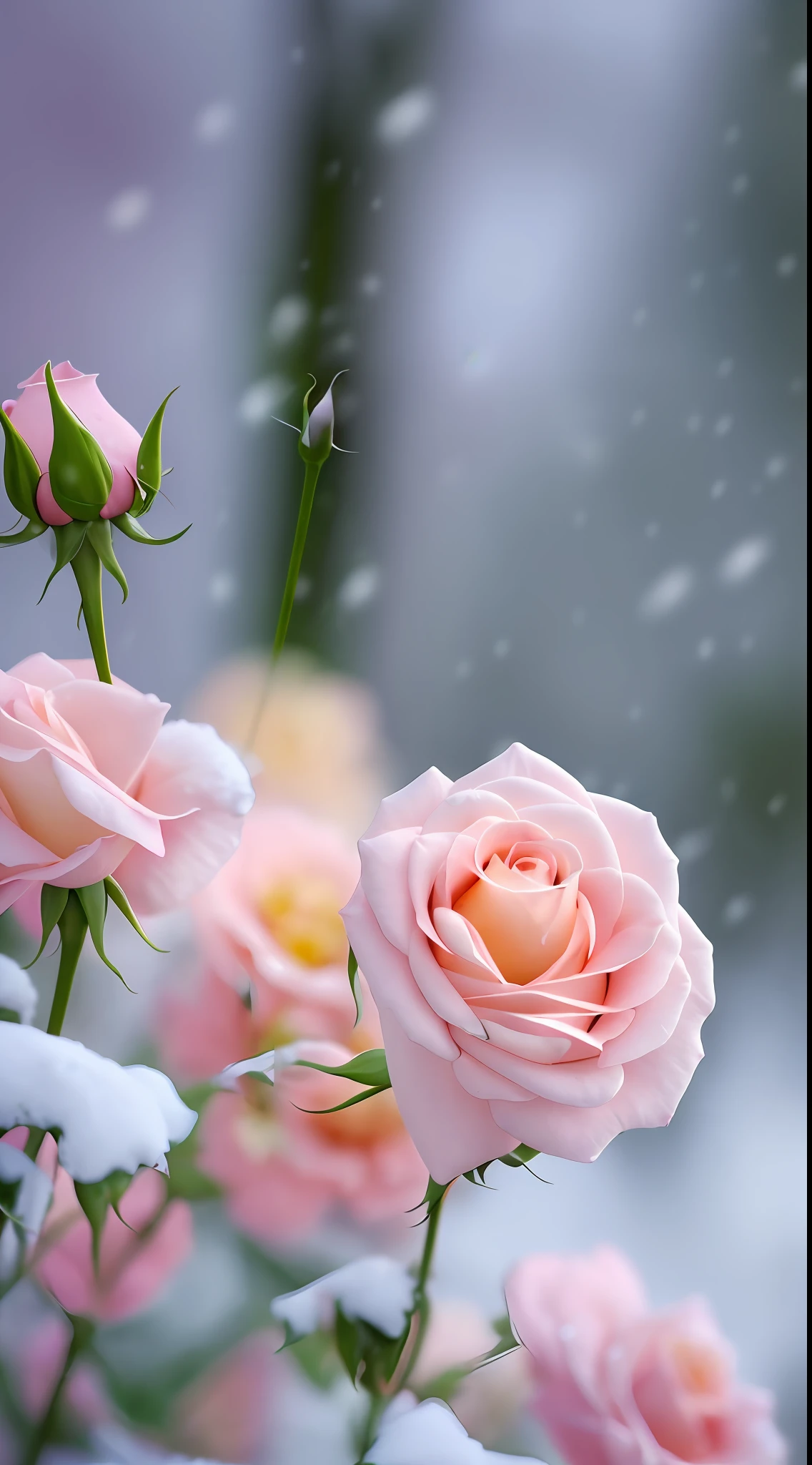 There are a lot of pink and yellow roses in the snow, seasons!! : 🌸 ☀ 🍂 ❄, Beautiful nature, warm beautiful scene, beautiful iphone wallpaper, Beautiful!!!!!!!!!!!!, Gentle snow, very beautiful photograph of, soft flowers, blossoms, pastelcolor, Soft and warm, Beautiful composition, Cold but beautiful, flower bloom, Really beautiful nature, Beautiful wallpaper, springtime, Beautiful flowers