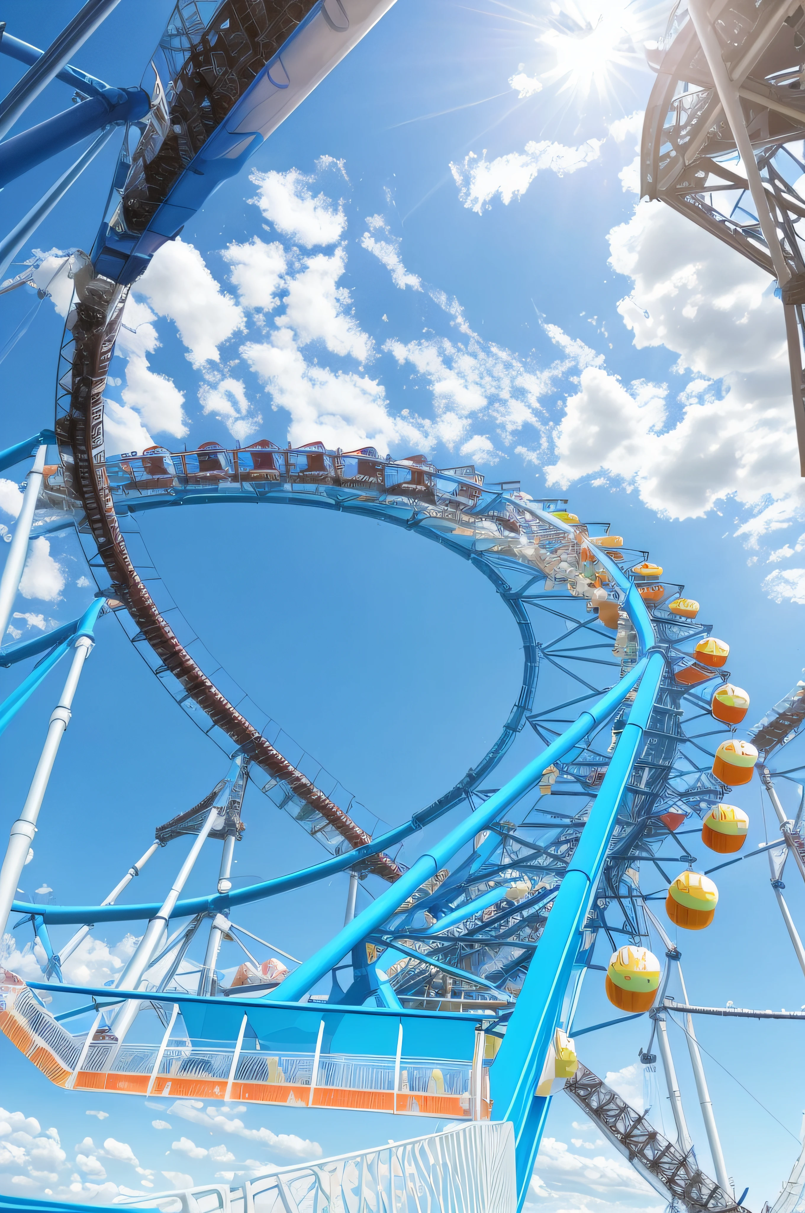 Alafe roller coaster in the park with blue sky and clouds, Amusement park attractions, rollercoaster, rollercoaster, stratosphere, Roller coaster, rides, amusement park, theme park, the Ferris wheel, Ascending from air, Crazy Racer Spinning, the photo shows a large, View from bottom to top, Eyes of worms from the floor