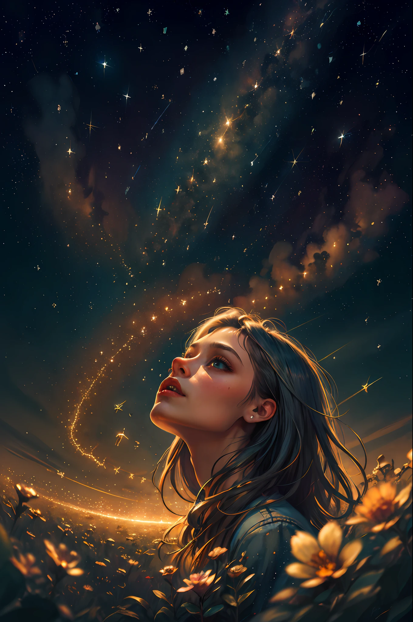 Medio retrato, La mejor calidad, Obra maestra, ultra-high-resolution, (Foto realista:1.4), surrealismo, dream-like,
1 girl, Cabello absurdamente largo, cielo estrellado, Noche,Estrellas, galaxia, Flor,