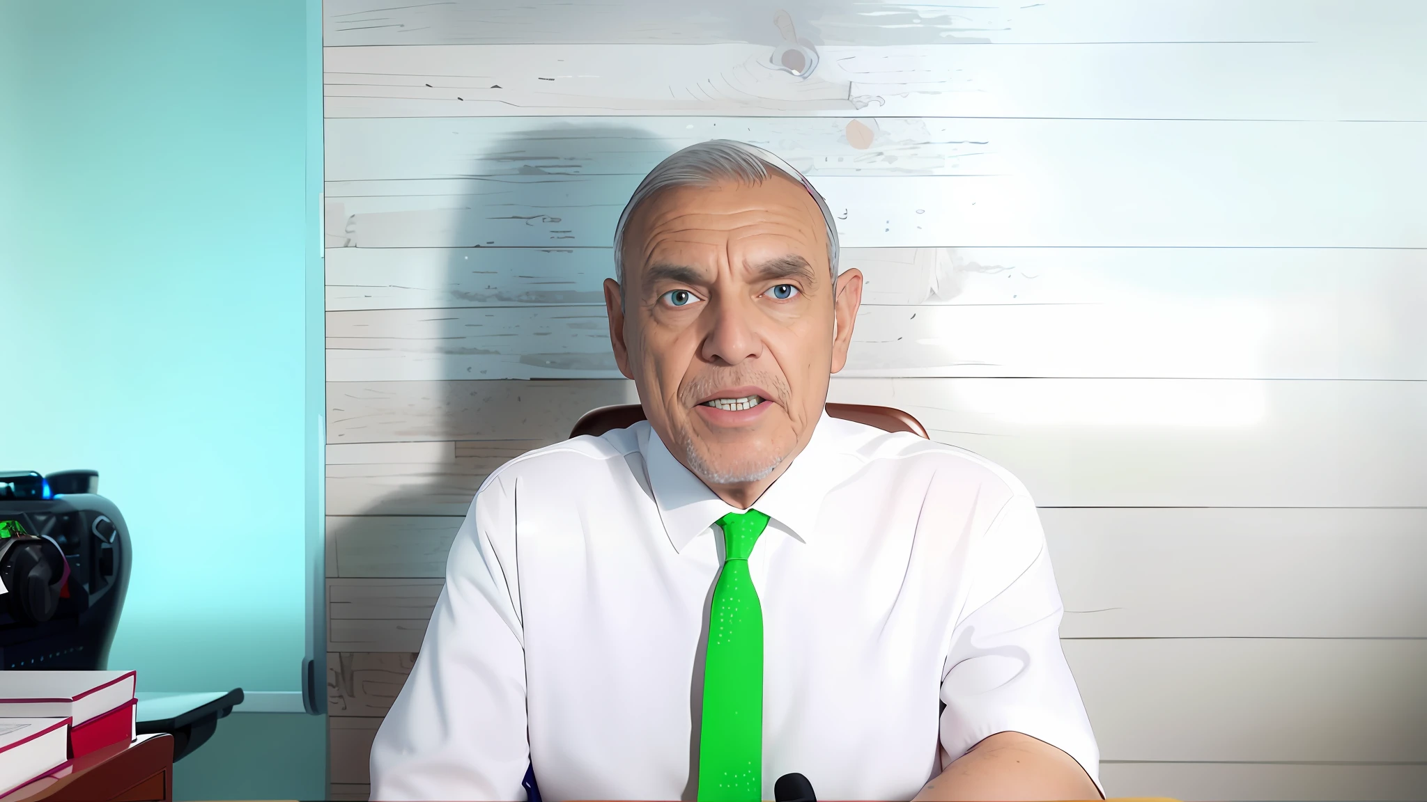 there is a man in a white shirt and tie sitting at a desk, 70 years old, 8k, white teeth, green eyes