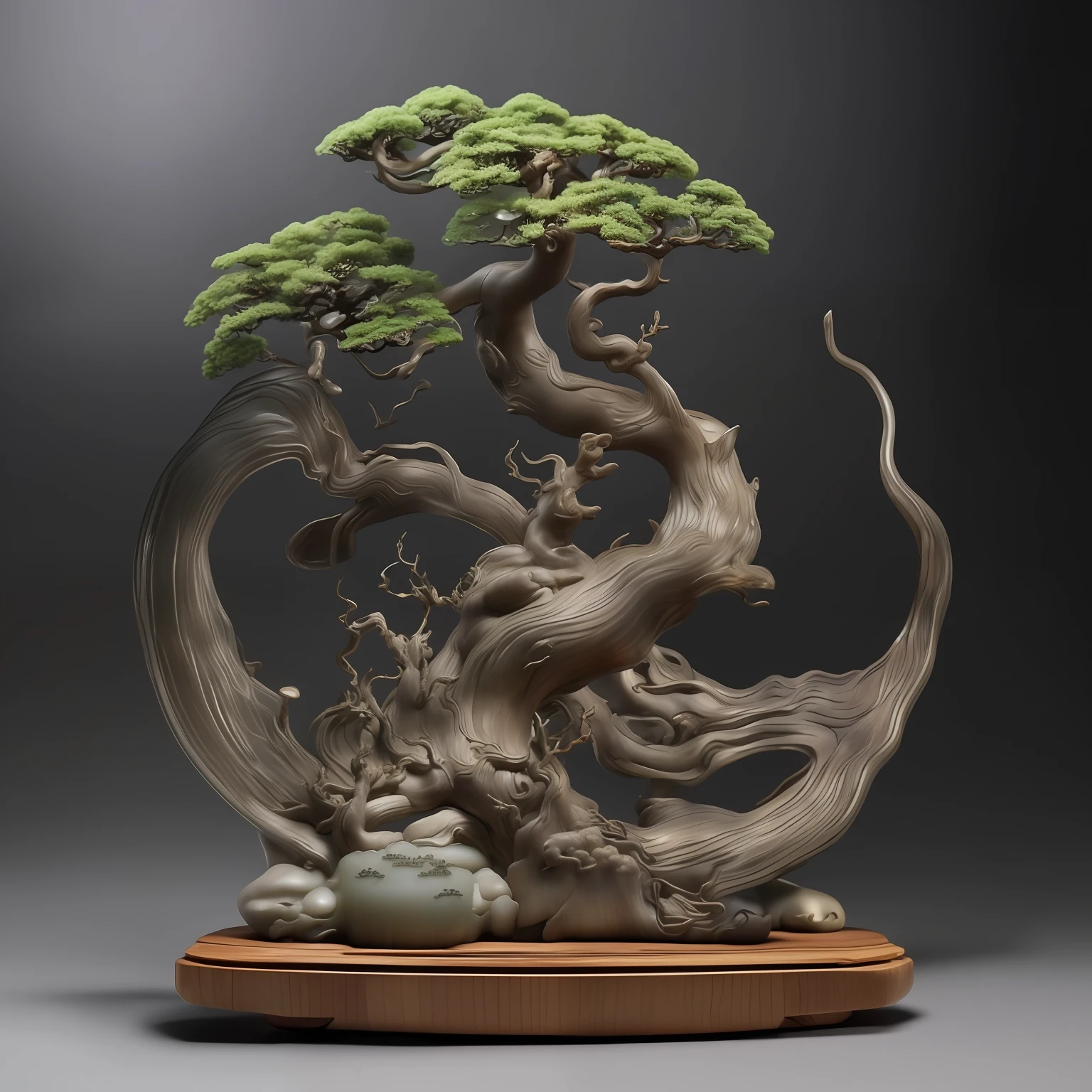 a close up of a bonsai tree on a wooden base, made of bonsai, inspired by Li Shixing, jade sculpture, by Ma Lin, chinese art, by Wang Duo, realistic glass sculpture, by Li Song, by Pu Hua, by Yu Zhiding, by Yang J, resin art, yanjun chengt, beautiful glass work, by Li Fangying