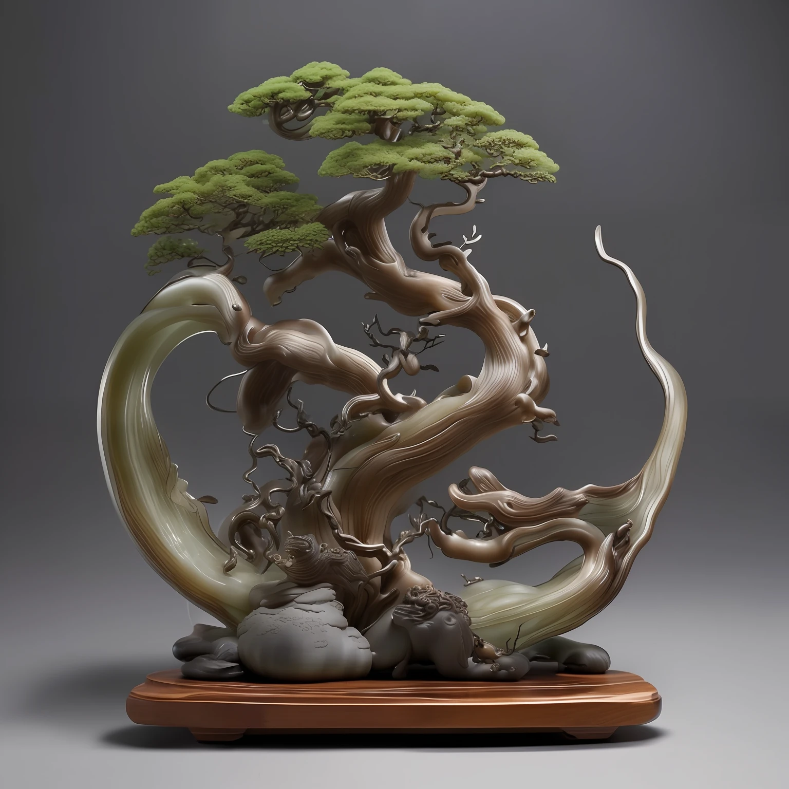 a close up of a bonsai tree on a wooden base, made of bonsai, inspired by Li Shixing, jade sculpture, by Ma Lin, chinese art, by Wang Duo, realistic glass sculpture, by Li Song, by Pu Hua, by Yu Zhiding, by Yang J, resin art, yanjun chengt, beautiful glass work, by Li Fangying