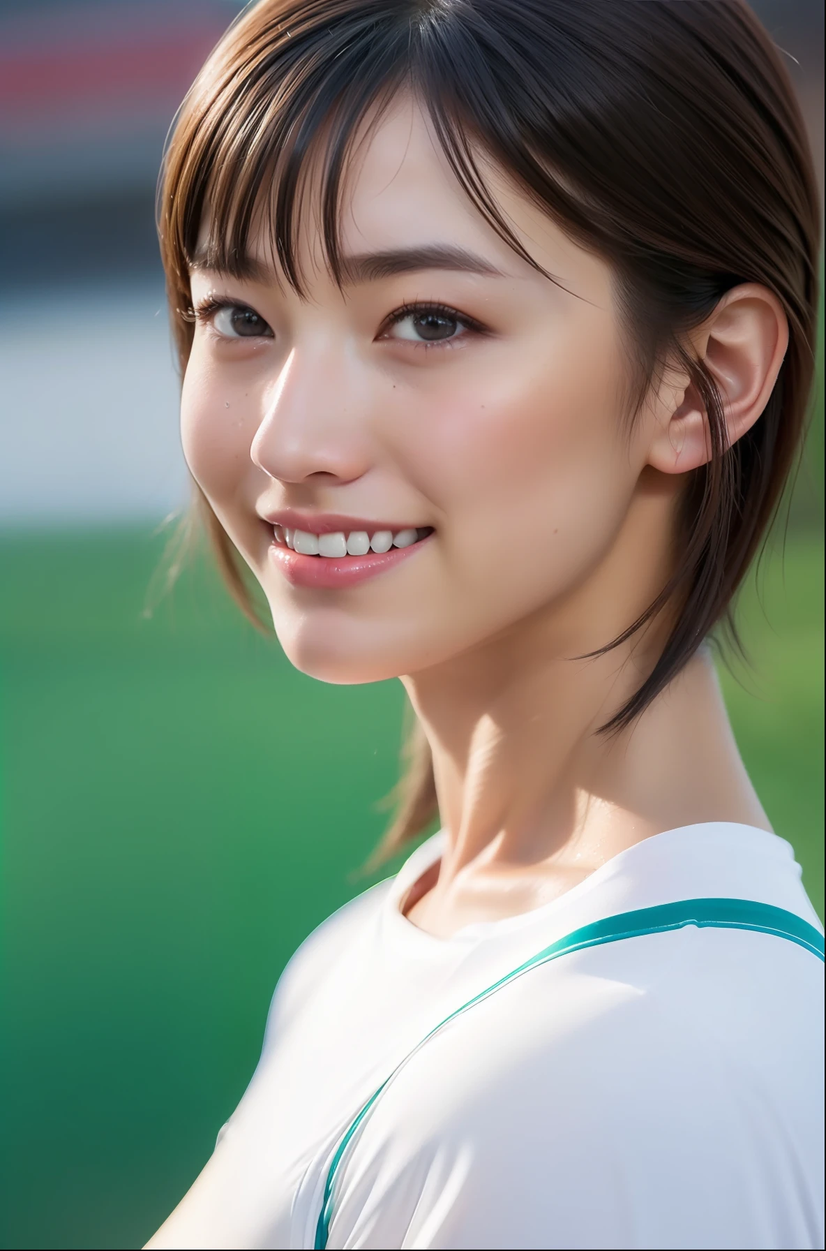 (((short-range、long distance、Mass sweat)))、1 Beautiful Girl、Wet shirt、a wet body、((Track & Field Athletes Women))、(((1人)))、((Short-cut hairstyles))、Competition uniforms、((stadium))、Transcendent cute、A slight smil、Beautiful breasts、full bodyesbian、hairarmpits、athletic field、((Outstanding style))、((Healthy body))、 、Women in Japan、Photorealsitic、Beautiful detailed eyes、Hyper-Realism、highcontrast、Ultra HD、realistic skin textures、Top image quality、top-quality、超A high resolution、Fine details、Very meticulously