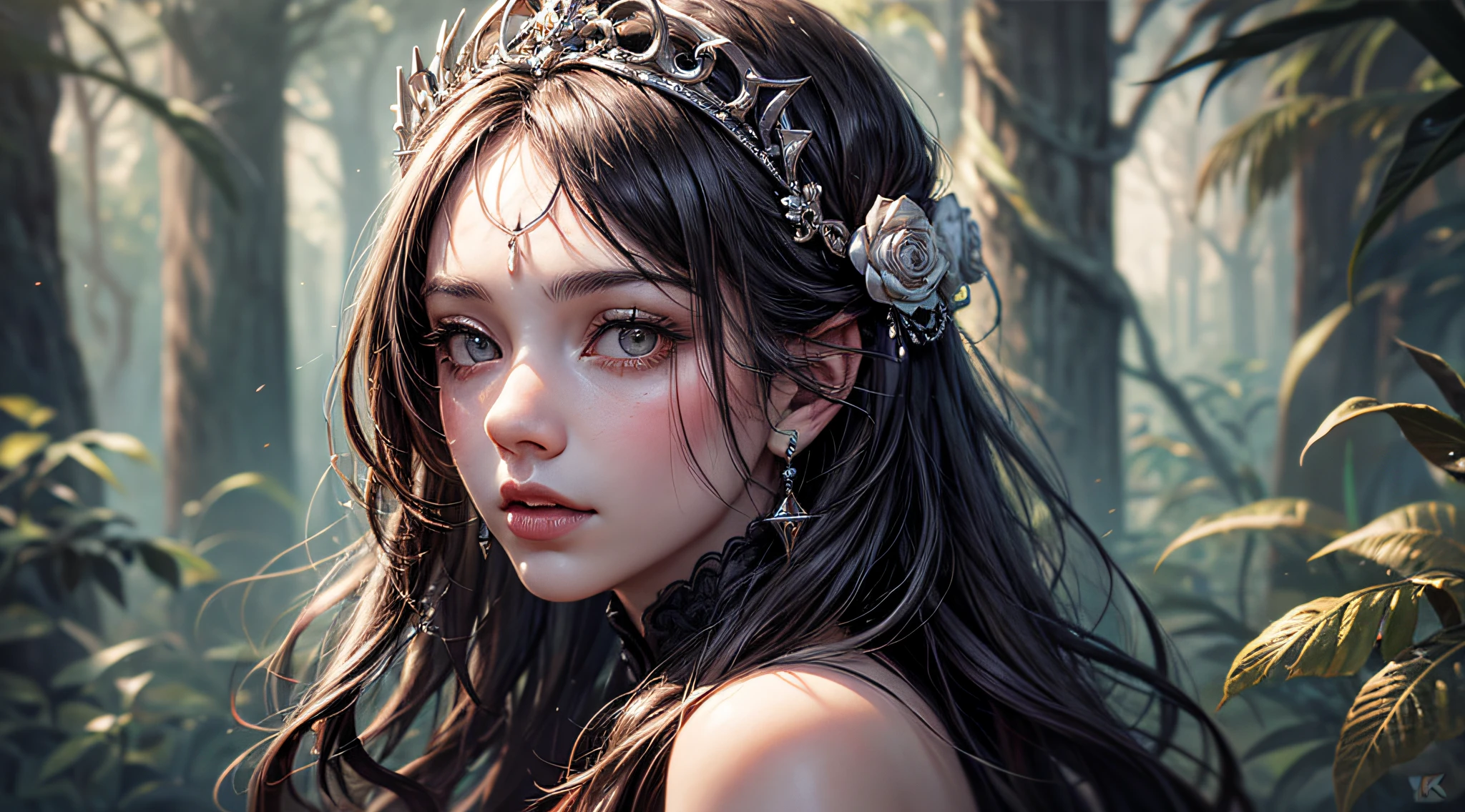 (obra-prima, melhor qualidade, realista: 1.37), (intrincado e delicado, pele e rosto altamente detalhados), Beautiful Queen in Suite Black Dress, envolvendo em luxuosos vestes escuras com cabelo preto, Dark roses and skull adorn her cloth, (tiara, rosas, ornamental skull, preto, escuro), olhos azuis, floresta nevada no fundo, cinematic soft lighting, papel de parede 8k, unidade, artstation, High-resolution CG