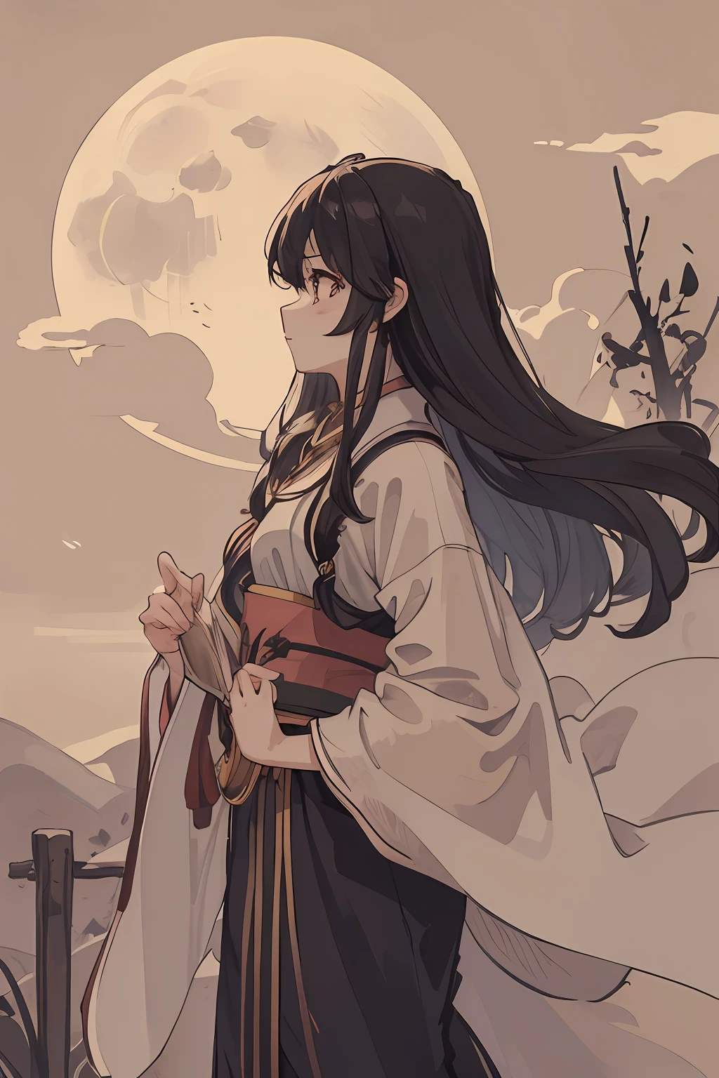 masterpiece, top quality, night, hill, cloud, full moon, long hair, woman, silhouette, firefly, diaphragm