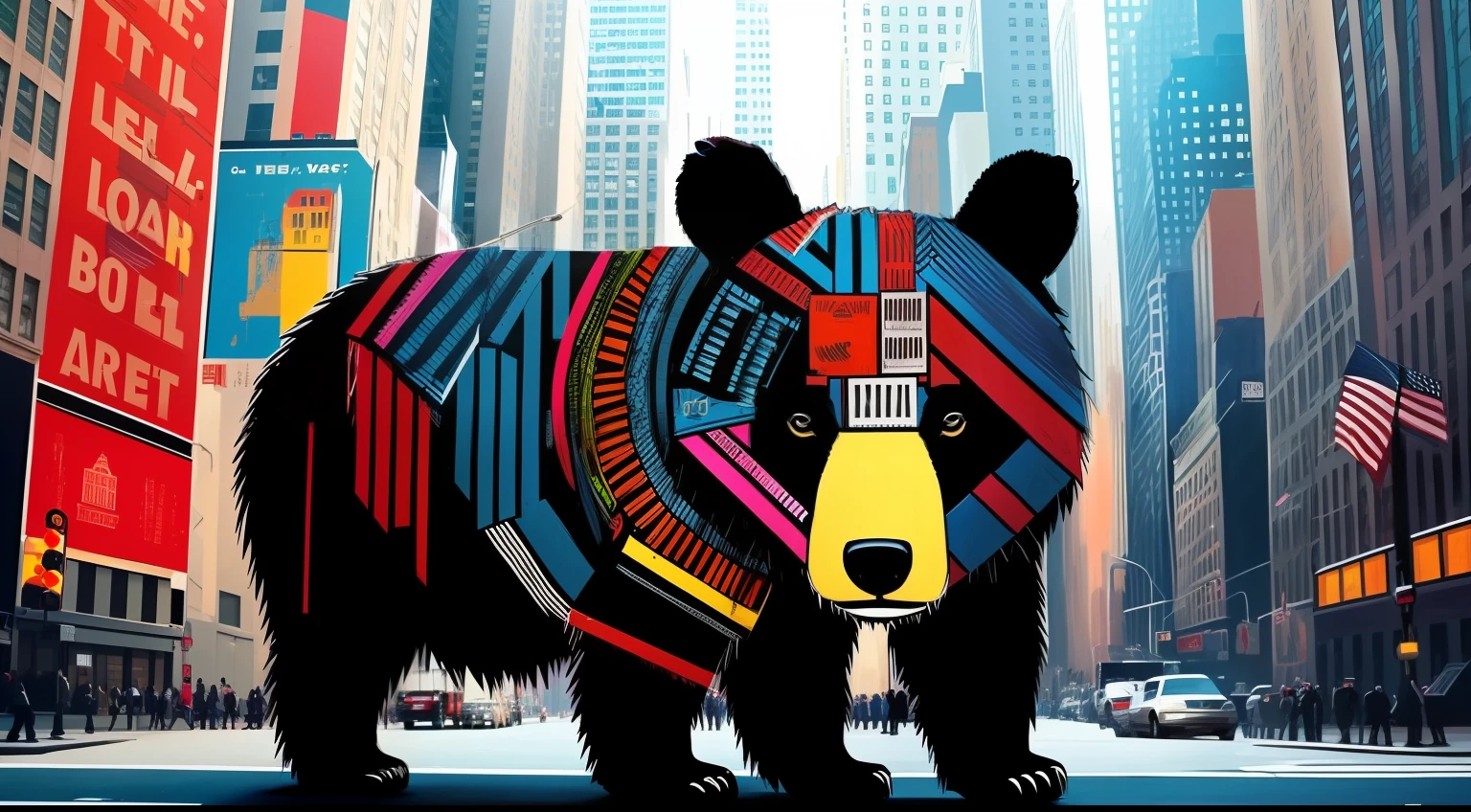 1a bear、Like Basquiat's paintings、Wall Street、buliding、newyork、cache、money、Detailed light、an extremely devious and beautiful、ful、Standing、street