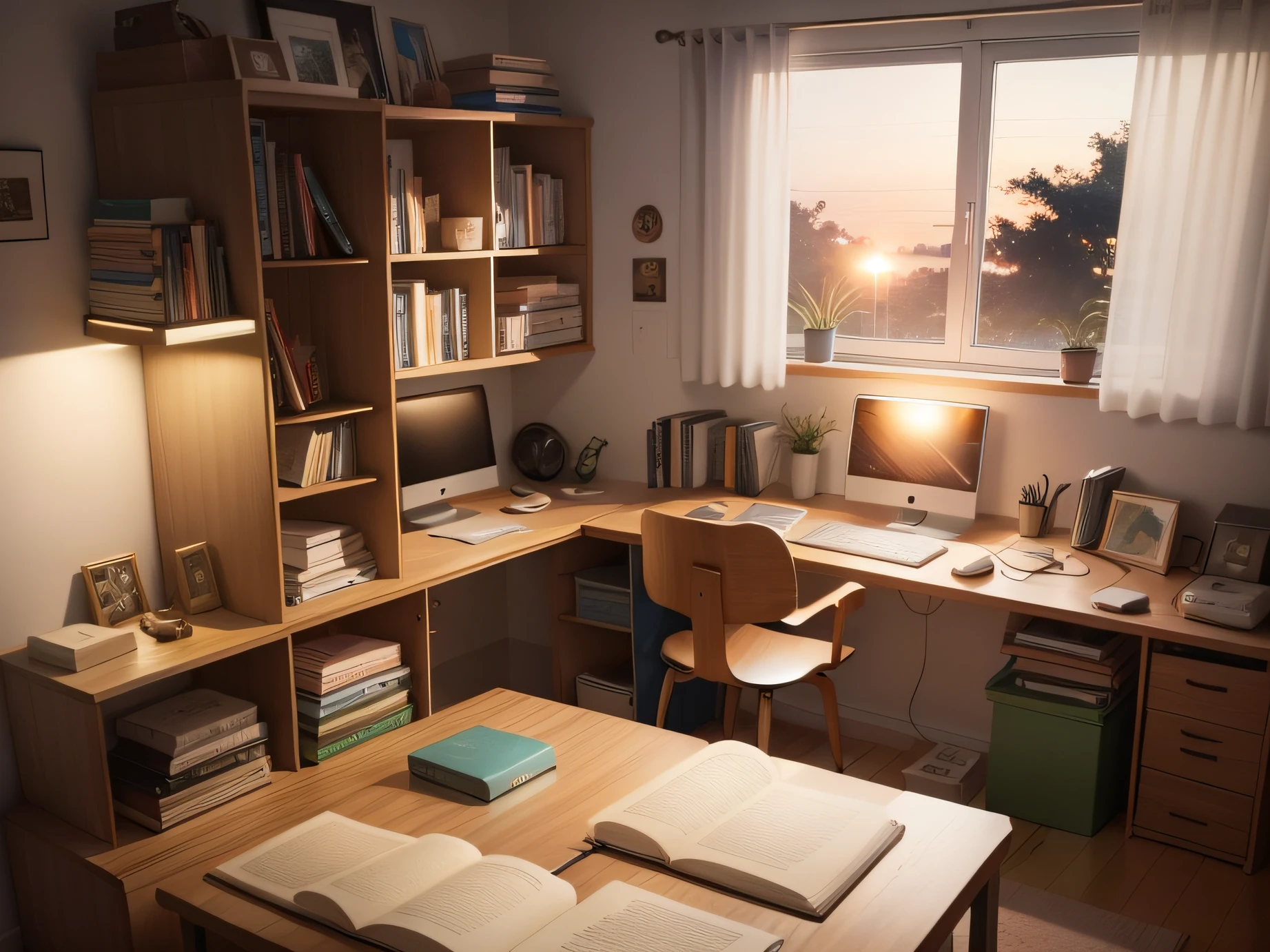 uma imagem estilo lofi de um quarto de estudos, com livros, cadernos canetas e computador de noite