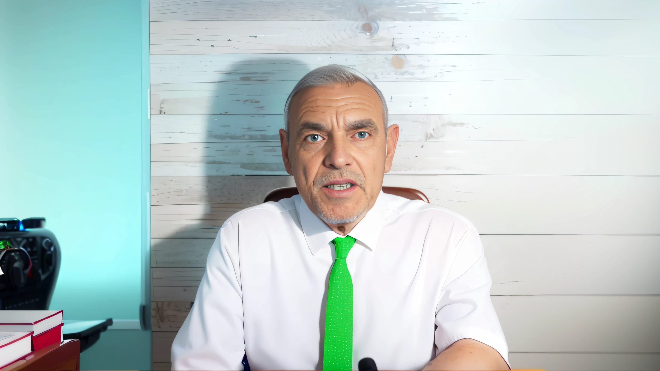 there is a man in a white shirt and tie sitting at a desk, 70 years old, 8k, white teeth, green eyes
