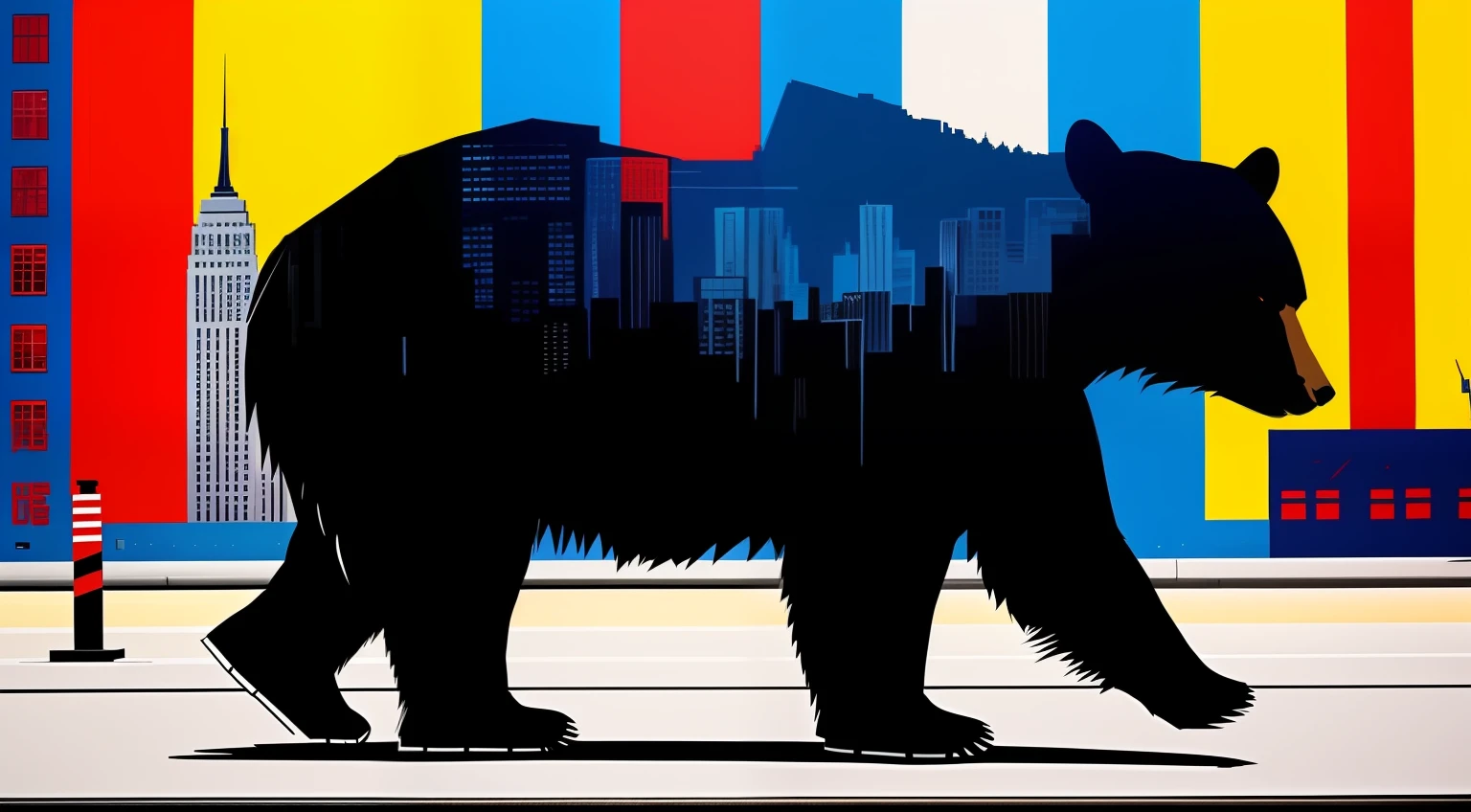 １a bear、Like Basquiat's paintings、Wall Street、buliding、newyork、cache、money、Detailed light、an extremely devious and beautiful、ful、Standing、street