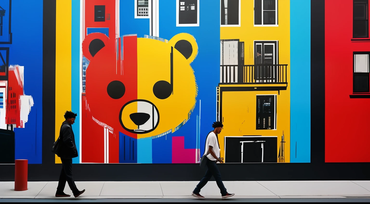 1a bear、Like Basquiat's paintings、Wall Street、buliding、newyork、cache、money、Detailed light、an extremely devious and beautiful、ful、Standing、street