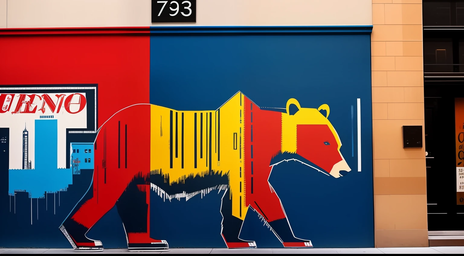 １a bear、Like Basquiat's paintings、Wall Street、buliding、newyork、cache、money、Detailed light、an extremely devious and beautiful、ful、Standing、street
