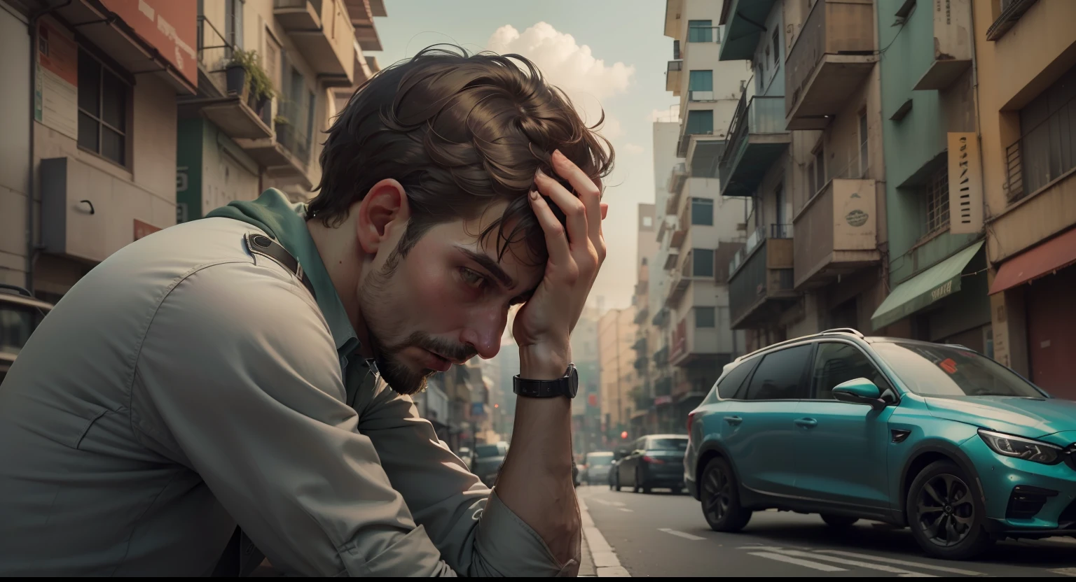 On the left hand, uma pessoa confusa com a vida, with your hands on your head, exuding concern;, a direita tomas shelby confiante como sempre olhando fixamente para a camera. paisagem urbana. Fotorealista, mapeamento de fotons, Foto 4k.
