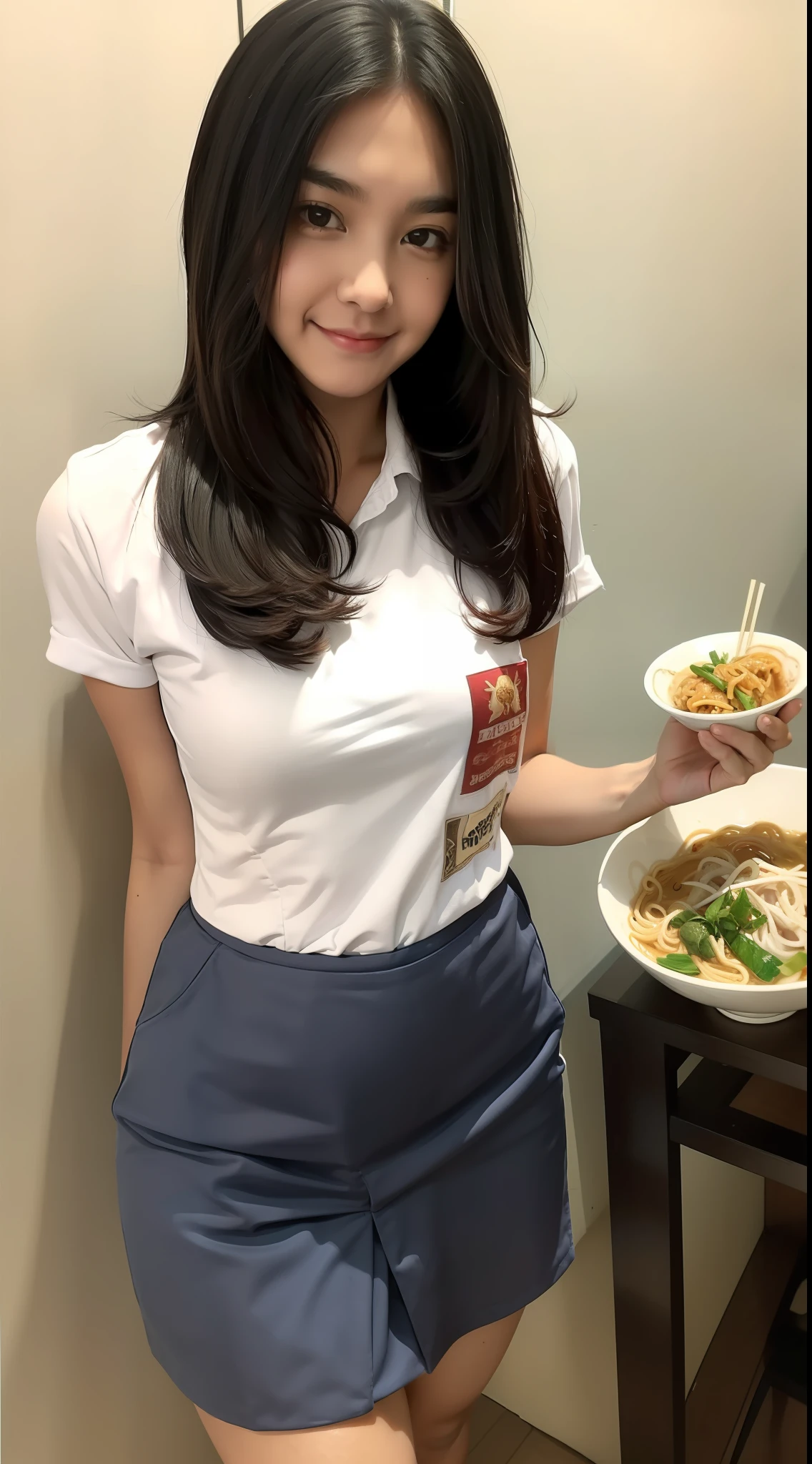 Masterpiece, top quality, (absurdity: 0.6), (Perfect Anatomy, One Beautiful Girl, Solo, Long Hair, School Uniform, Black Hair)), Table, Bowl holding a bowl with one hand, (A girl eating ramen with chopsticks in her hand), (Having a bowl of noodles in front of her: 1.3),