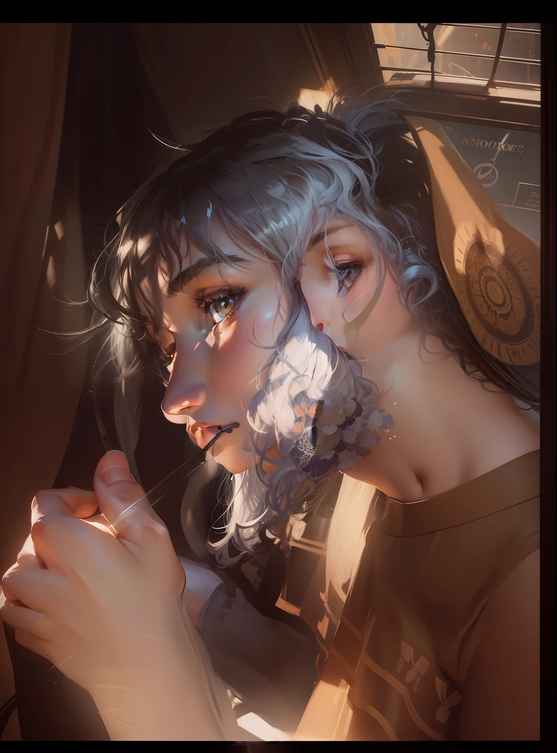 Hyperrealist portrait of female by david hockney and alphonse mucha,fantasy art, photo realistic, dynamic lighting, artstation, poster, volumetric lighting, very detailed faces, 4 k, award winning,, 1girl, in the dark, deep shadow, low key,cowboy shot,(official clothing:1.4) ,long hair,white hair,