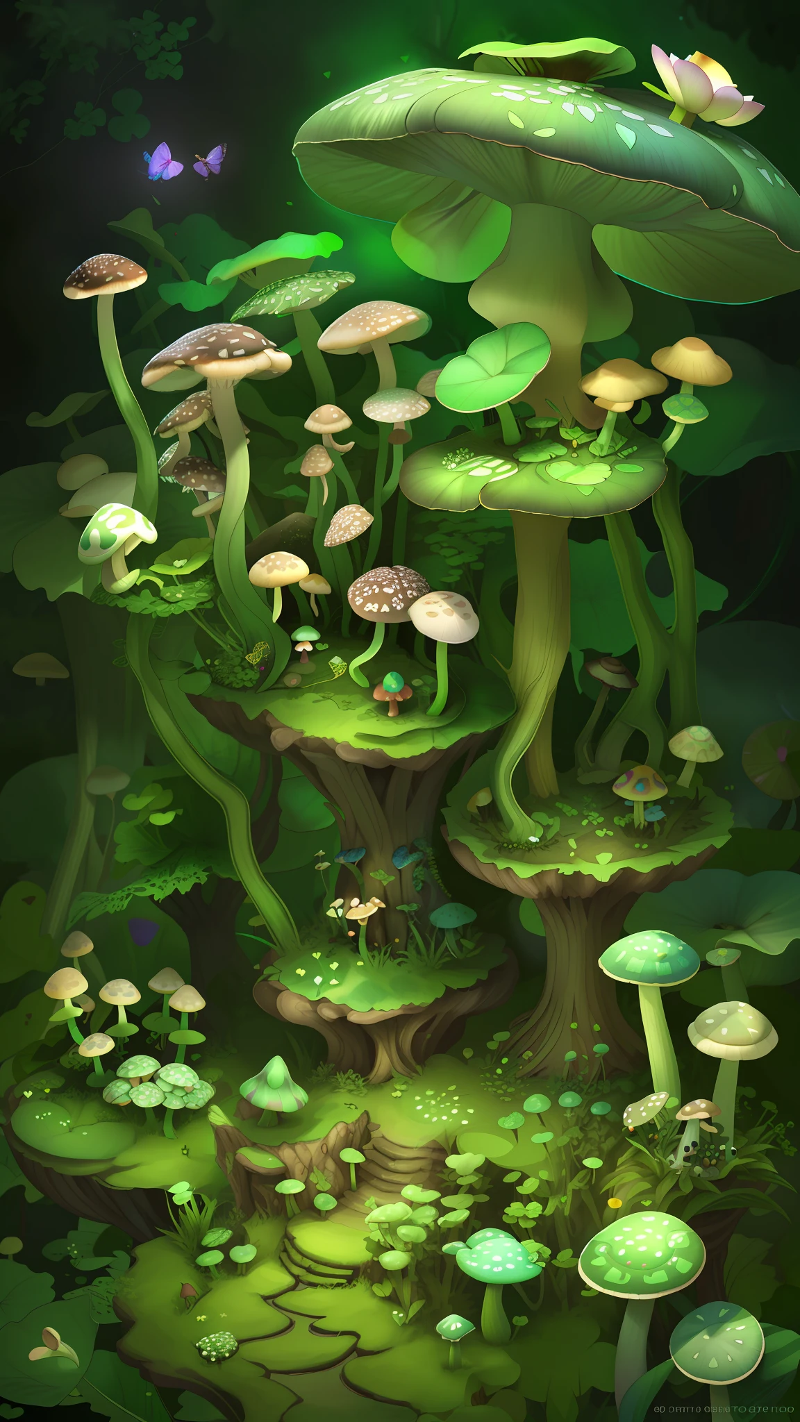 "Mushroom forest,butterflys,lotuses,the elf,four-leaf clover,Cyber Mushroom Forest,Ultra-detailed digital fantasy art。Mushrooms are everywhere in the picture,The unique mushroom shape creates a magical casa scene。"