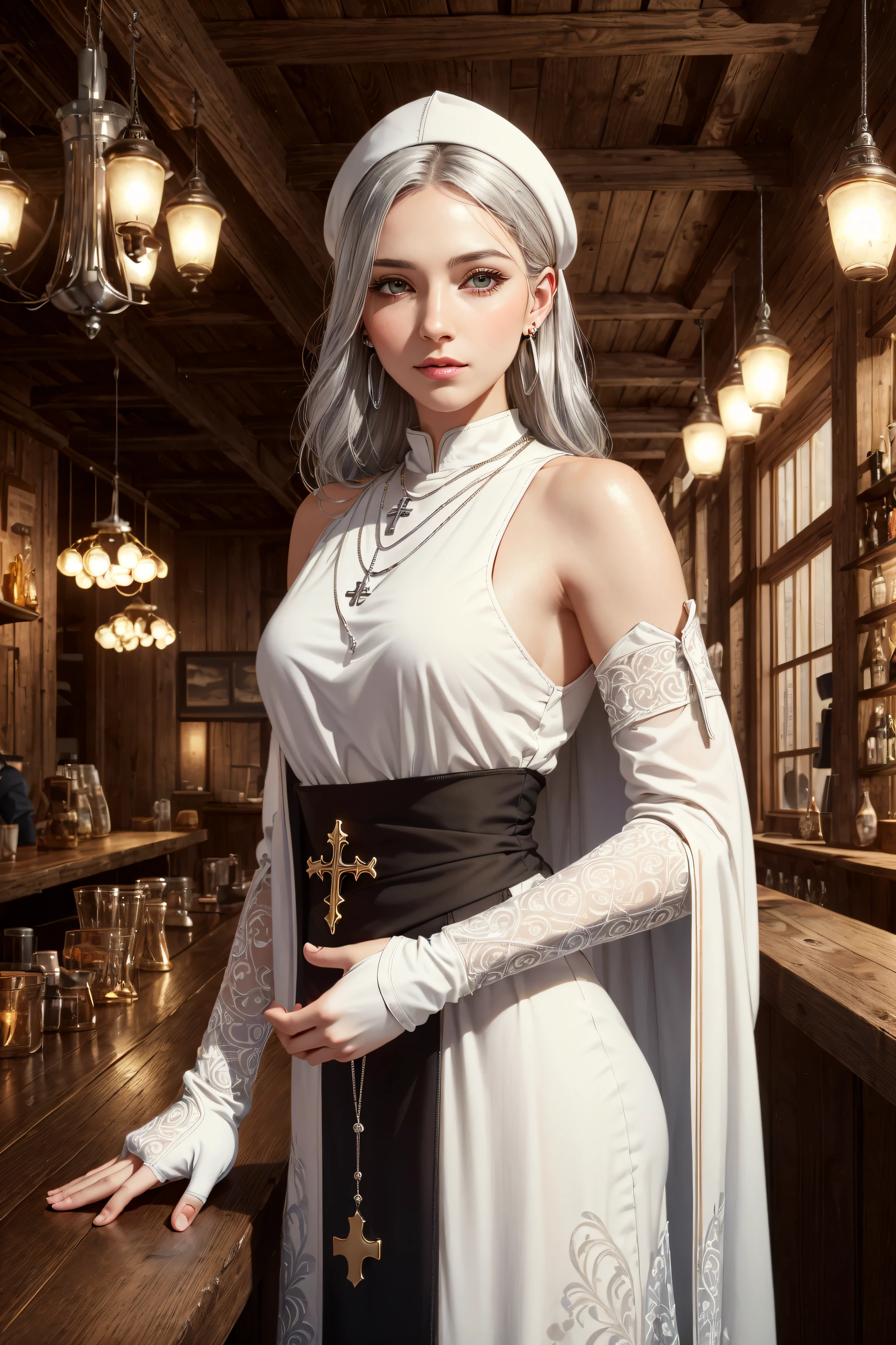 (skindentation:1.5), realistic, photorealistic, (masterpiece:1.5), concept art, intricate details, highly detailed, photorealistic, octane render, 8k, unreal engine, dynamic pose, best quality, highres, ((dramatic)), epic, depth of field, 8k, particles, (realistic face:1.1, hyperrealistic:1.1), ((1girl, close-up, small breasts, perfect eyes, detailed eyes, high quality eyes, perfect_face, high quality face, shiny skin:1.2, shiny face:1.2, embarrassed, blush:0.8)), server, rustic tavern interior in background, pitcher, sign, jovial fantasy atmosphere, detailed background, blurry wooden bar table as foreground, (((silver hair, perfect hands))), ((cleric, priest, high priest, white mitre, cross print on white tabard, elbow gloves, pelvic curtain, earrings, necklace))