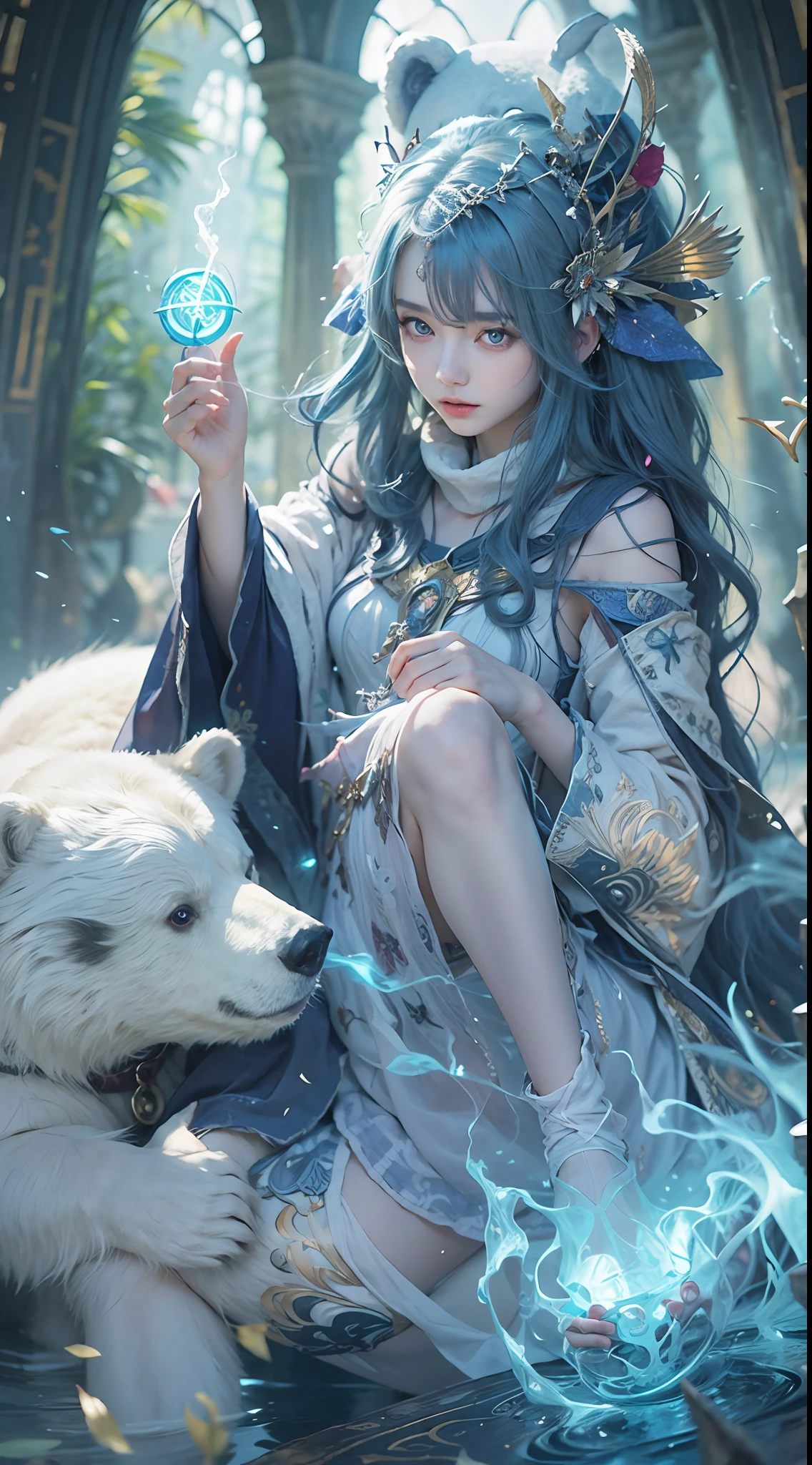 A crystal castle sealed in a magic book,Blood,Night, Dark, (fantasy),unlimited,Deep blue sky,The abyss of knowledge,cowl,((masutepiece)), (((Best quality))),((Beautiful fine eyes)),(eyeslashes)、(((Beautiful girl riding a huge white bear)))、(1 rapariga)、The perfect human structure、Blowing in the wind、long whitr hair、abyss eyes、glowy skin、oiled、small tits、Wizard robes、Tattered fabric、Realistic coat、Think、Super delicate CG Unity 32k wallpaper、tmasterpiece, ((ultra - detailed)), ((illustratio)),Extremely colorful,the wallpaper,energy,Unknown terror,mind bending,Around the magic,Magical environment,wands,Boken,Flight page,Know it all,Predicting the future、Learn about the past、Infinite wisdom、Blue Flame、Warlock、Magic Circles、pentacle、Spells、mantra、Singing magic