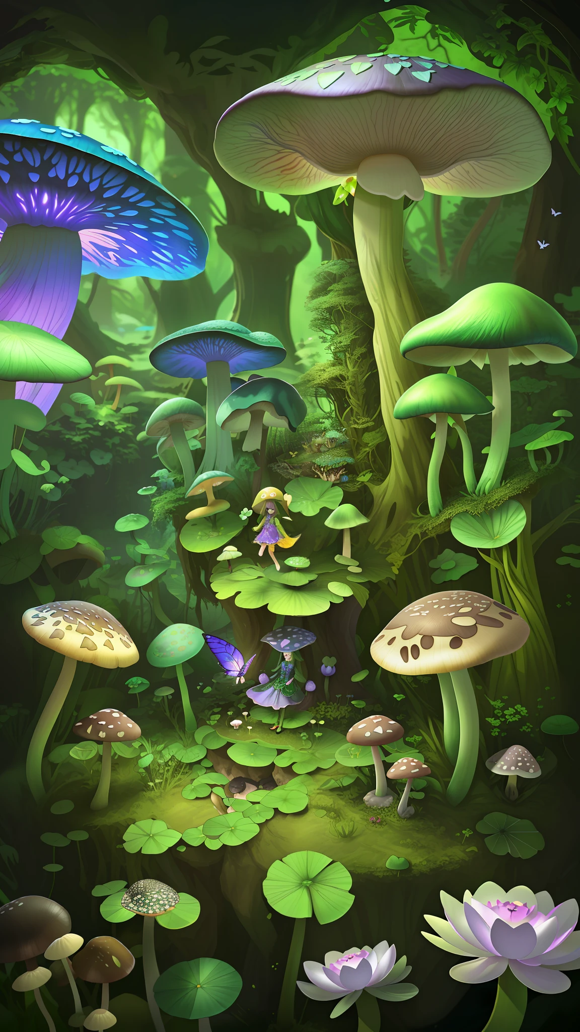 "Mushroom forest，butterflys，lotuses，the elf，four-leaf clover，Cyber Mushroom Forest，Ultra-detailed digital fantasy art。Mushrooms are everywhere in the picture，The unique mushroom shape creates a magical casa scene。"