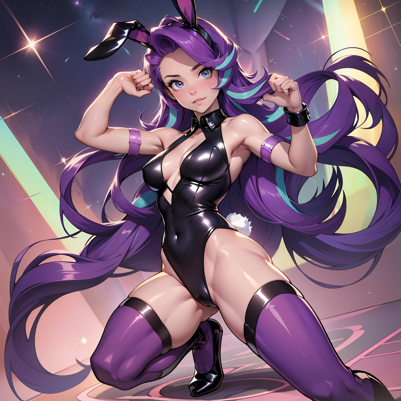 Starlight Glimmer, Starlight Glimmer from My Little Pony, Starlight Glimmer as Girl, Long Hair, Luxurious Hair, Lush Hair, Fighting stance, Full body visible, Big Breasts, Bulky Breasts, Lush Breasts, Playboy bunny, bunny suit, bunny ears, leotard