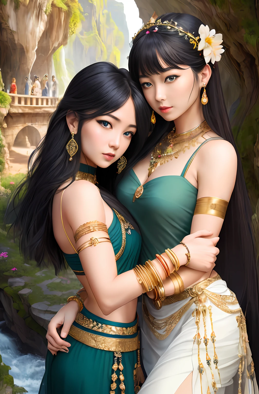 ((Realistic:1.5)),Ulzzang-6500:1.4,((Best quality)), ((Masterpiece)),((Detailed)),2girls,duo,{2 beautiful women}, (Upper body:1.3),Hug and touch each other, Tease your friend's waist, Breathless friends, Biting a friend's earlobe, crouched,super wide shot,Face focus, Long legs,Curvy, Barefoot,Wide hips, Thin legs, Oversized eyes,Long eyelashes, (Detailed face,beautidful eyes, detailedpupils,detailed clothes features, Clear background:1.3), (armlets, bangle:1.3), Mysterious ancient ruins, floresta exuberante, Deep canyon,bridge,River,cliff,Cloud,lakes,Rock music,Waterfalls, Flowers, Grass,grape trees,tree,bright detail,Sharp,Perfect compounding, Intricate, Sharp focus, Dramatic,