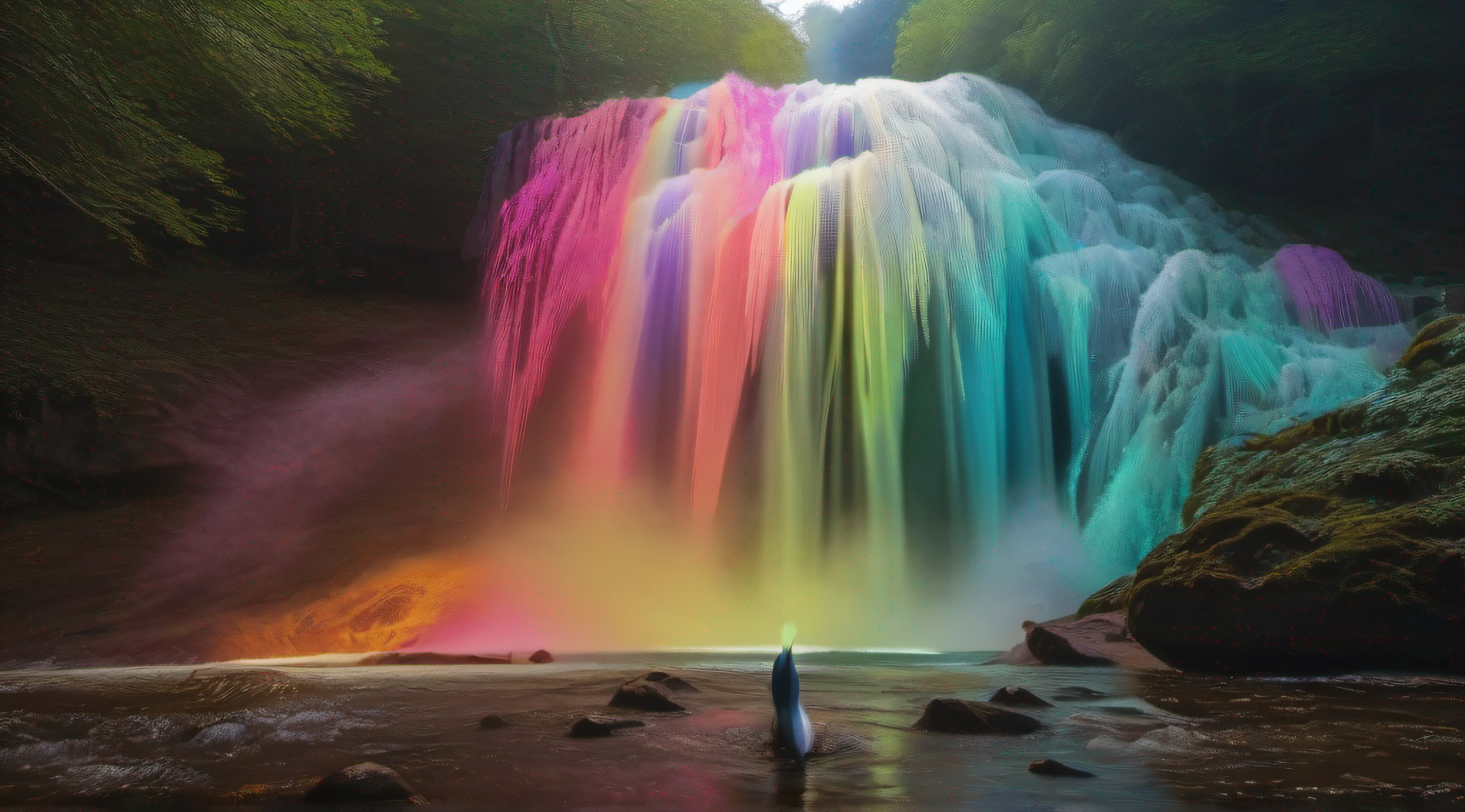 "Cinematic still, filmed by Alfonso Cuar\u00f3n, wide-shot, a creature adorned with luminescent feathers that cascade like a vibrant waterfall, their iridescent glow casting an enchanting shimmer upon the surroundings, mythical creature had stepped into our world, exuding an aura of otherworldly beauty and intrigue