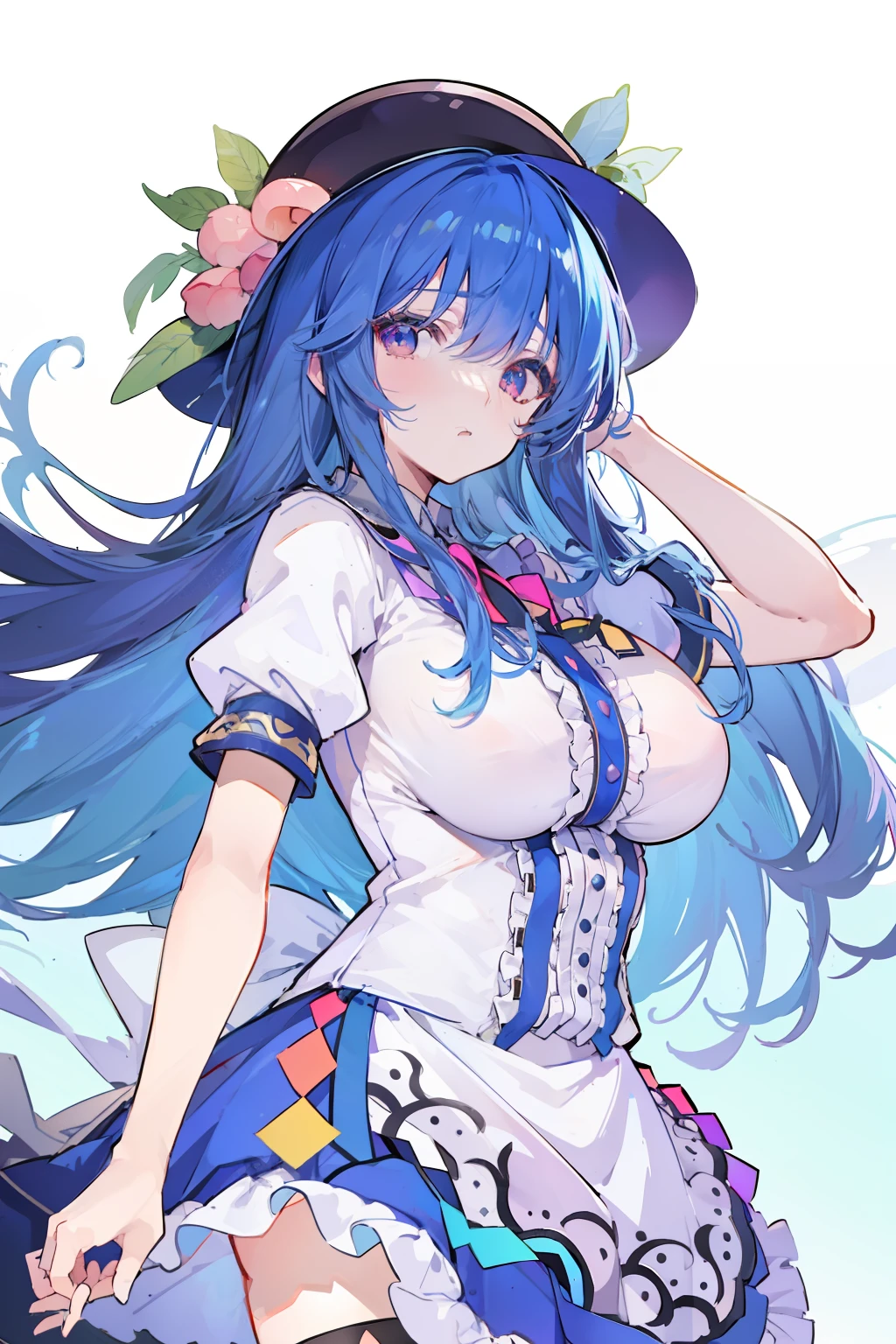 (masterpiece),best quality, expressive eyes, perfect face, 1girl,
big breast, H-cup, good breast, hands on waist,beautiful, gorgeous,anime,girl,lora,hinanawi tenshi, blue hair, blue haired,tent boobs, tent chest, tent breast, floating clothes,1girl, hands on chest, hands on boobs