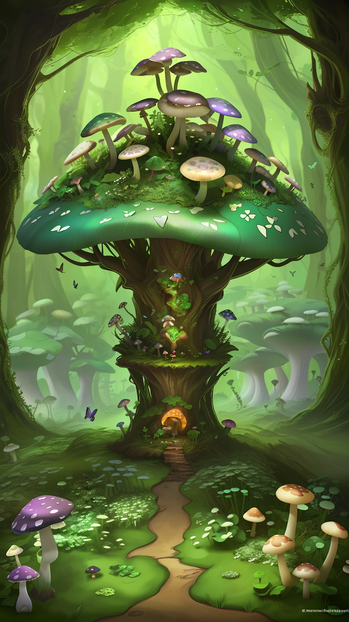 "Mushroom forest,butterflys,lotuses,the elf,four-leaf clover,Cyber Mushroom Forest,Ultra-detailed digital fantasy art。Mushrooms are everywhere in the picture,The unique mushroom shape creates a magical casa scene。"