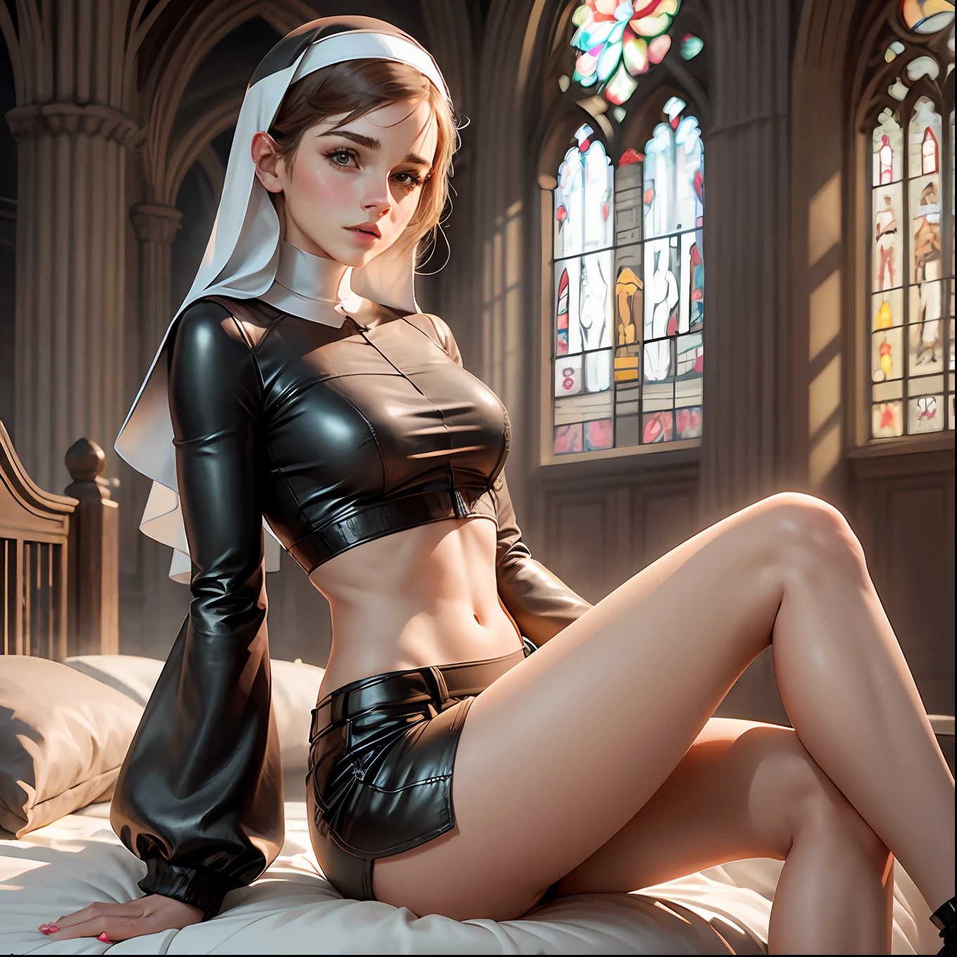 " emma watson in a seductive nun outfit lying on a bed. tight and intricate short dress. crop top. slender physique. night-time cathedral backdrop. leather shorts. cinematic lighting."