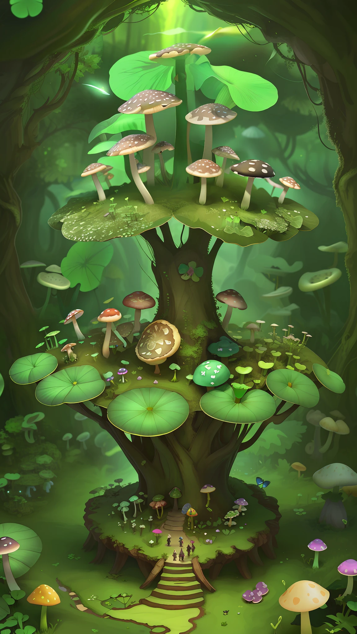 "Mushroom forest，butterflys，lotuses，the elf，four-leaf clover，Cyber Mushroom Forest，Ultra-detailed digital fantasy art。Mushrooms are everywhere in the picture，The unique mushroom shape creates a magical casa scene。"
