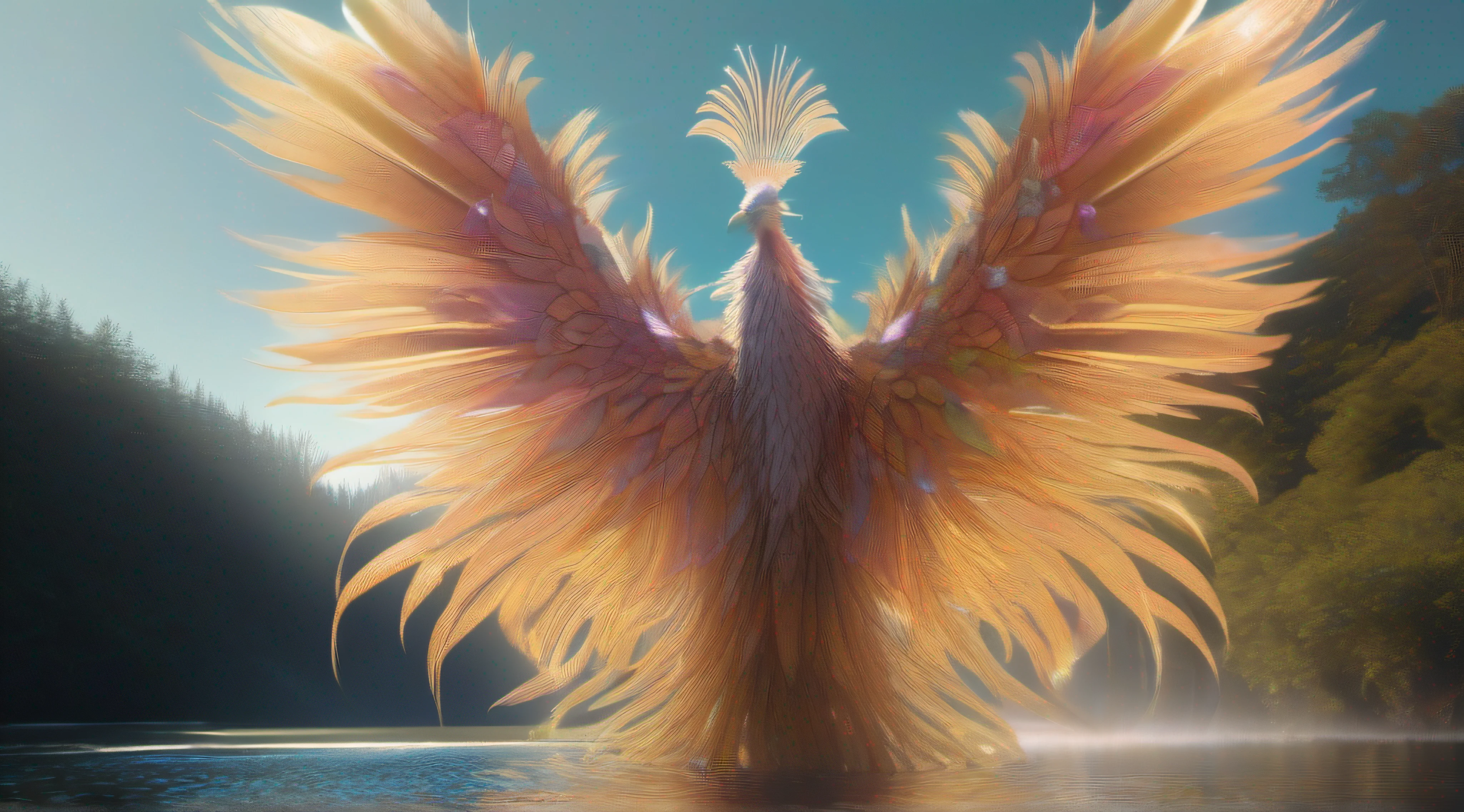 "Cinematic still, filmed by Alfonso Cuar\u00f3n, wide-shot, a creature adorned with luminescent feathers that cascade like a vibrant waterfall, their iridescent glow casting an enchanting shimmer upon the surroundings, mythical creature had stepped into our world, exuding an aura of otherworldly beauty and intrigue