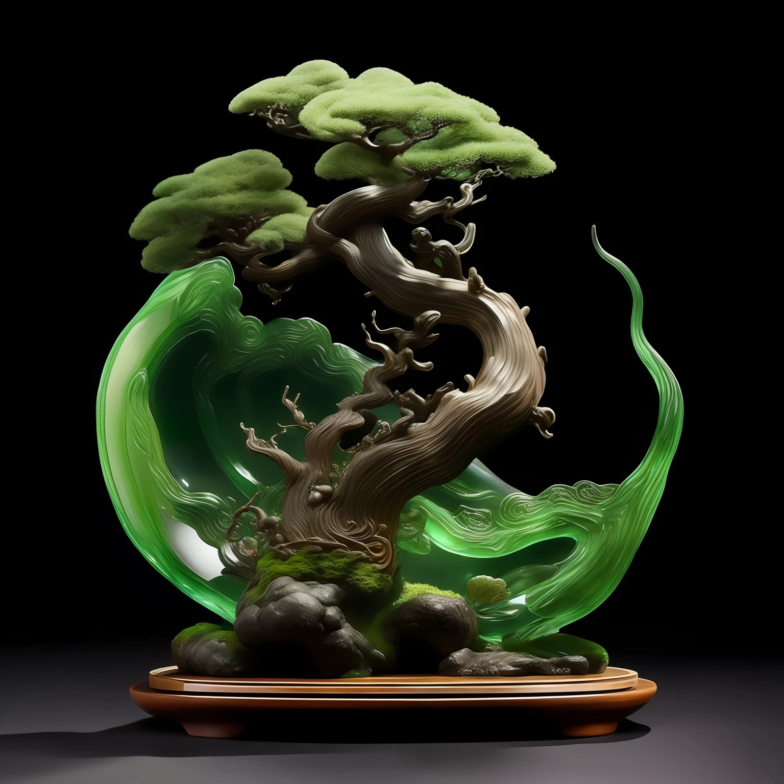 a close up of a bonsai tree on a wooden base, made of bonsai, inspired by Li Shixing, jade sculpture, by Ma Lin, chinese art, by Wang Duo, realistic glass sculpture, by Li Song, by Pu Hua, by Yu Zhiding, by Yang J, resin art, yanjun chengt, beautiful glass work, by Li Fangying