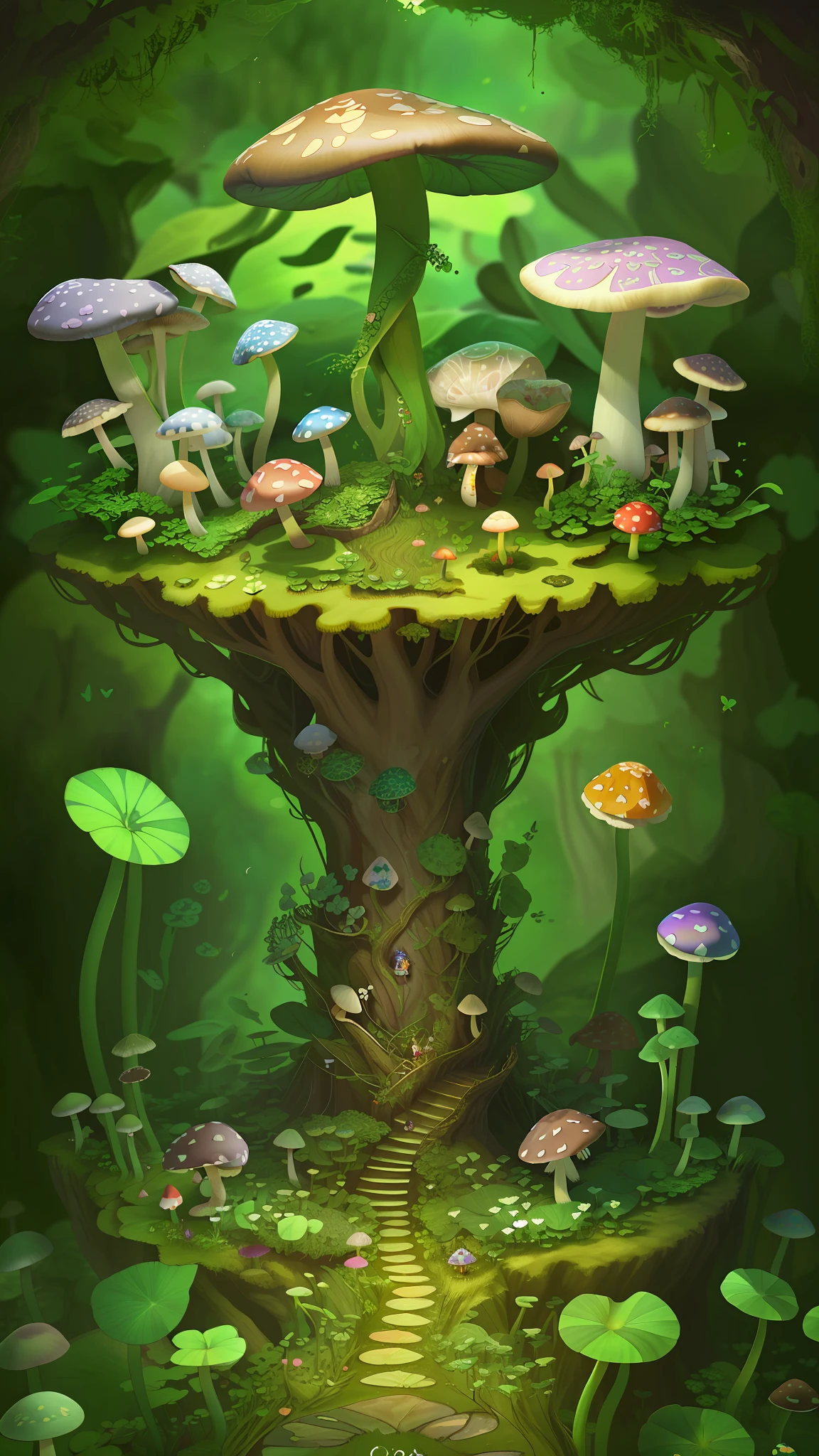 "Mushroom forest,butterflys,lotuses,the elf,four-leaf clover,Cyber Mushroom Forest,Ultra-detailed digital fantasy art。Mushrooms are everywhere in the picture,The unique mushroom shape creates a magical casa scene。"