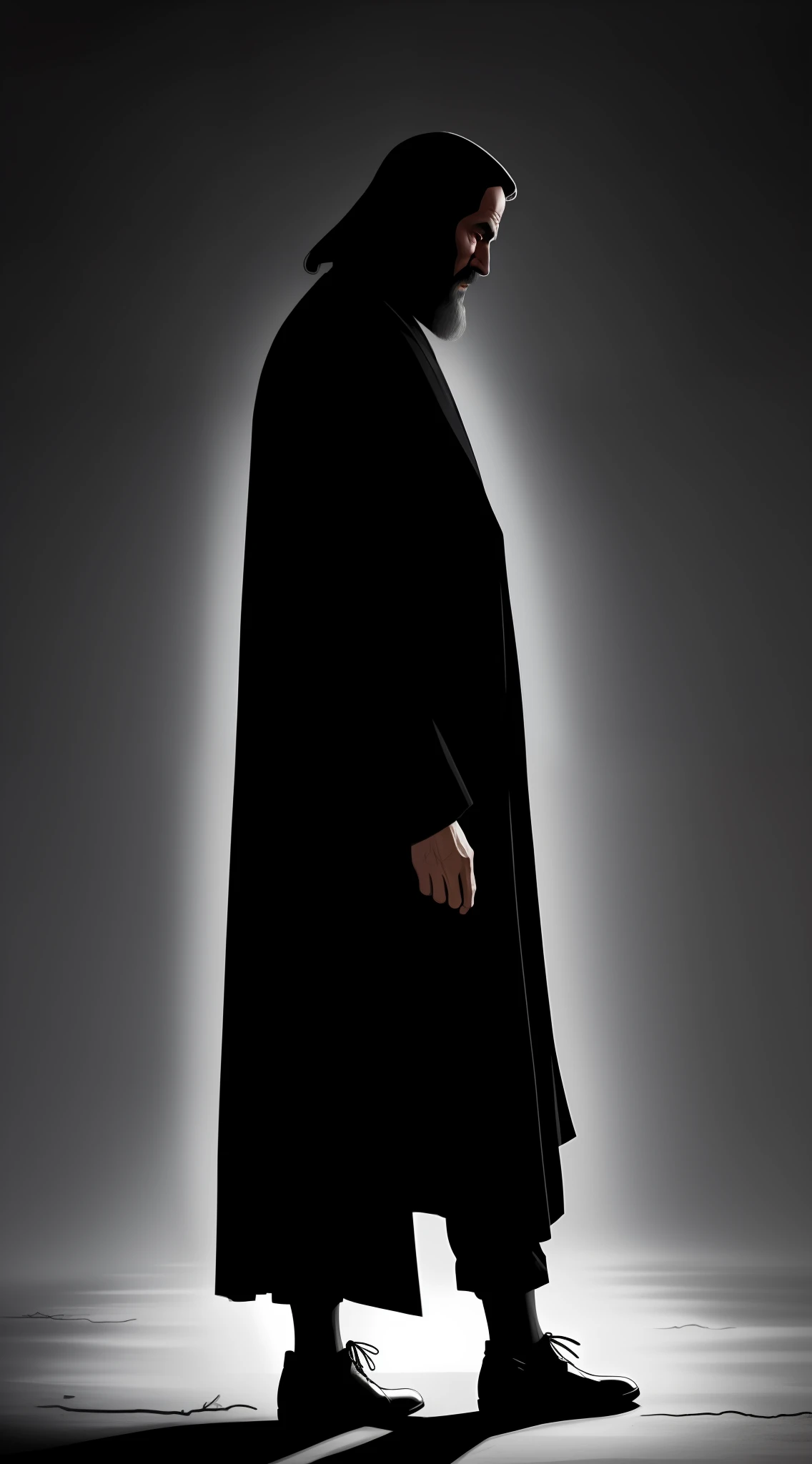 Estilo escuro,Sopro da Morte,Man standing in the dark,Sombras obscurecem o rosto,Olhos que emitem uma luz fria,Roupas manchadas de sangue