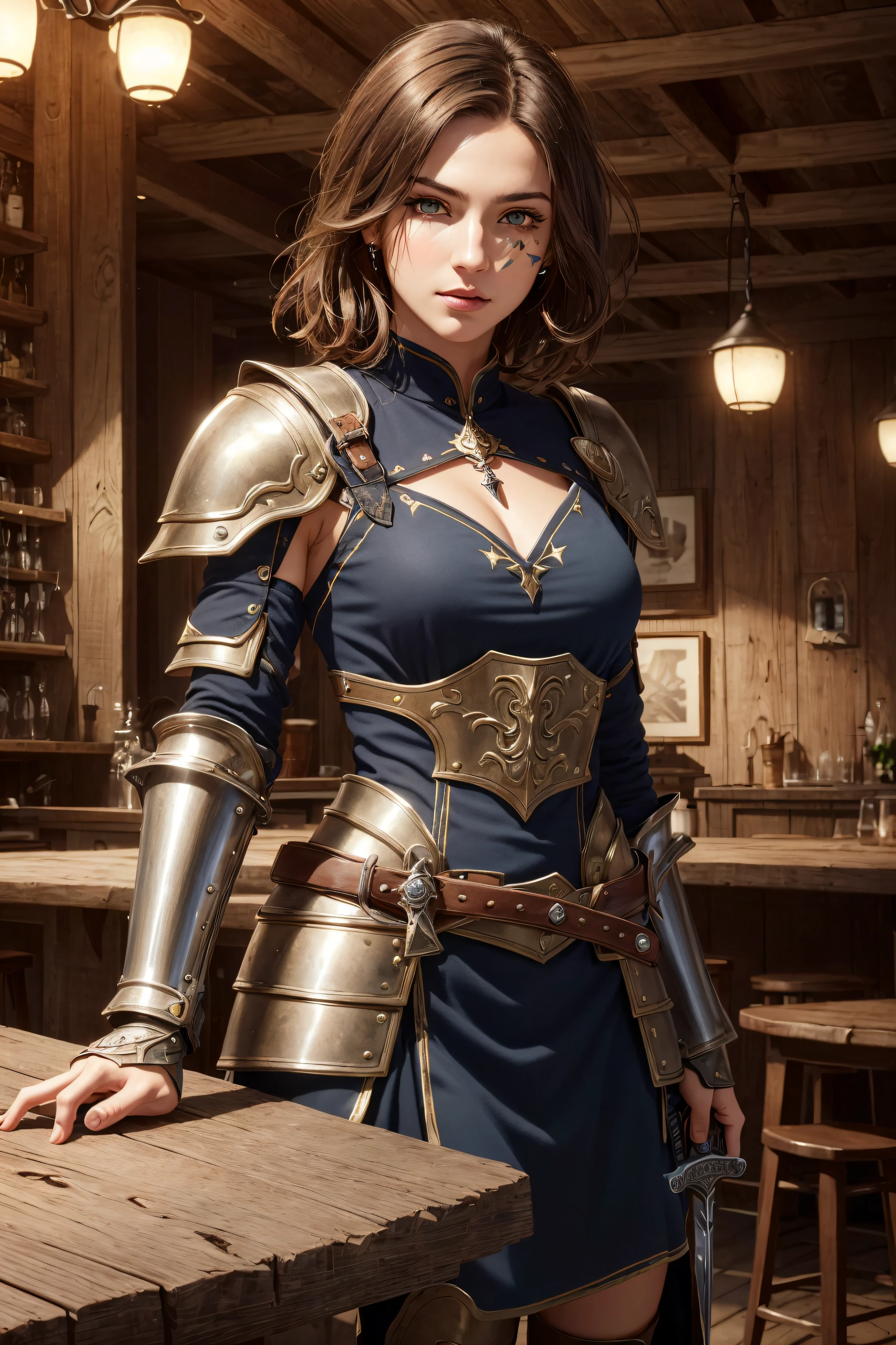 (skindentation:1.5), realistic, photorealistic, (masterpiece:1.5), concept art, intricate details, highly detailed, octane render, 8k, unreal engine, dynamic pose, best quality, highres, ((dramatic)), epic, depth of field, 8k, particles, (realistic face:1.1, hyperrealistic:1.1), ((1girl, close-up, medium breasts, perfect eyes, detailed eyes, high quality eyes, perfect_face, high quality face, shiny skin:1.2, shiny face:1.2, embarrassed, blush:0.8)), server, rustic tavern interior in background, pitcher, sign, jovial fantasy atmosphere, detailed background, blurry wooden bar table as foreground, (((brown hair, amber eyes, perfect hands))), ((warrior, sword, holding sword, spear, holding polearm, shield, armor, helmet, belt, pouch, boots, gauntlet, cloak, bracers, amulet, greaves, war paint, talisman))