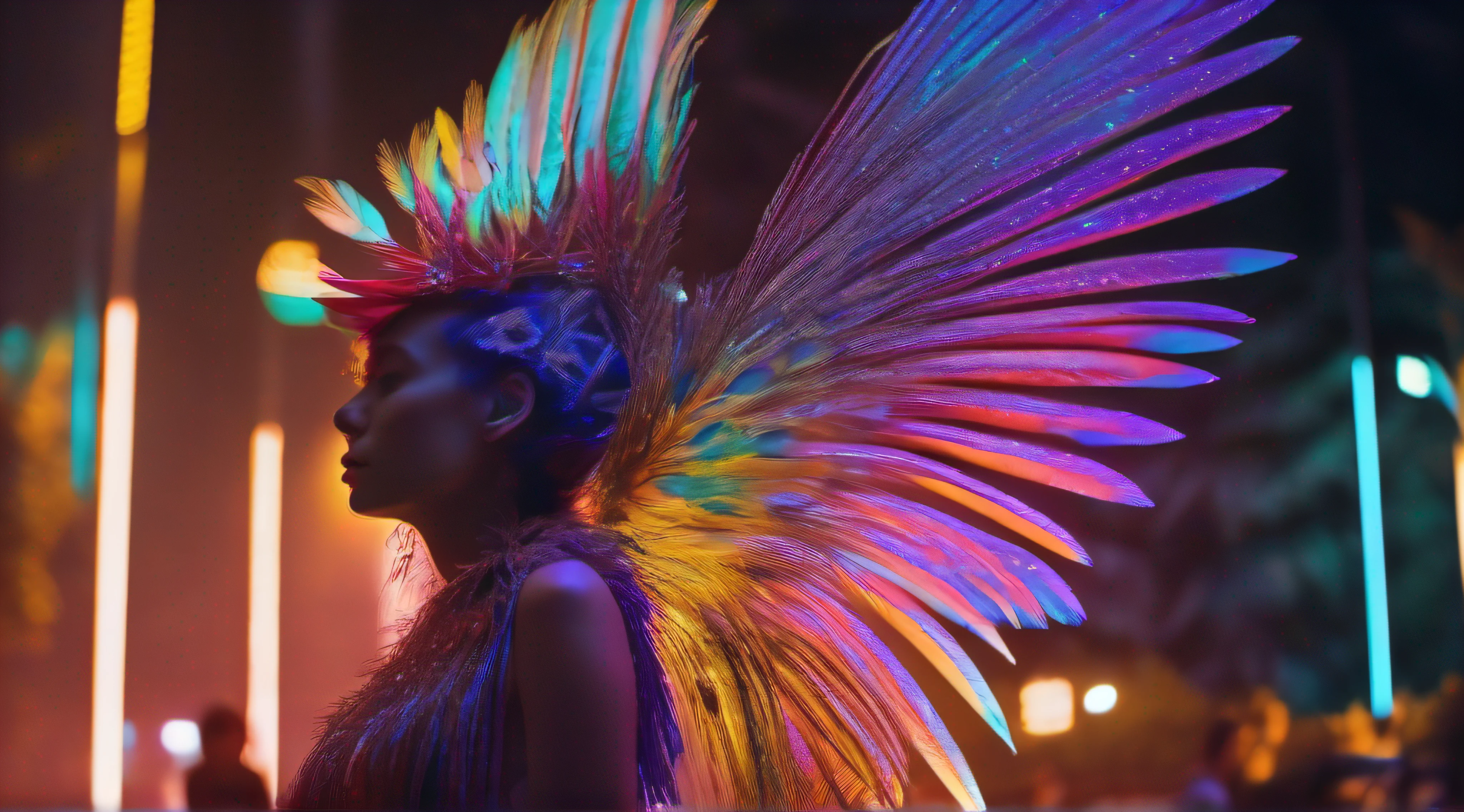 "Cinematic still, filmed by Alfonso Cuar\u00f3n, wide-shot, a creature adorned with luminescent feathers that cascade like a vibrant waterfall, their iridescent glow casting an enchanting shimmer upon the surroundings, mythical creature had stepped into our world, exuding an aura of otherworldly beauty and intrigue