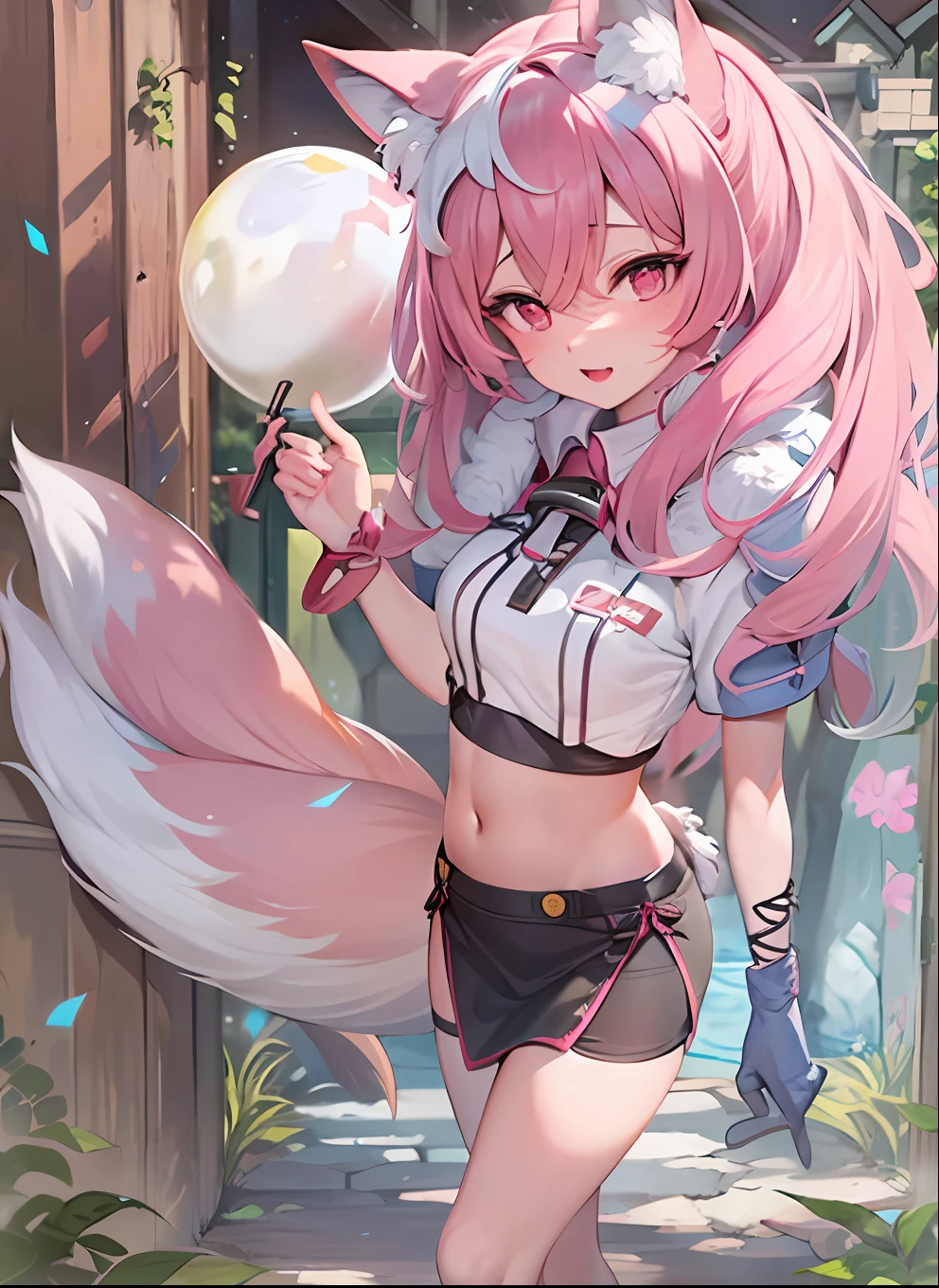 Nazuna Hiwatashi, 1girl, outside, solo, pink hair, body fur, fox ears, fox tail, high res, clothed, furry, sharp focus, colorful, balls_deep,