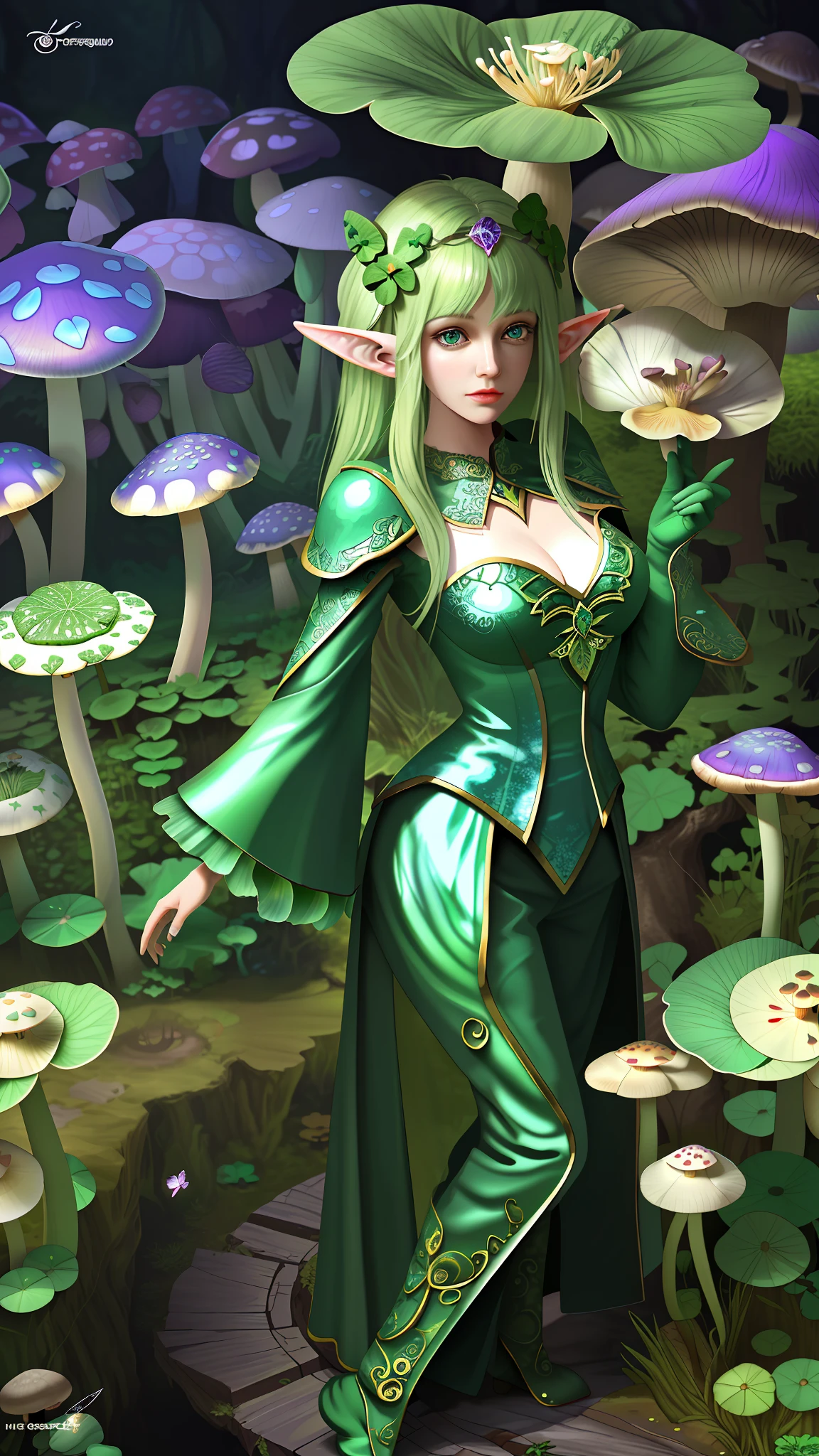 "Mushroom forest，butterflys，lotuses，the elf，four-leaf clover，Cyber Mushroom Forest，Ultra-detailed digital fantasy art。Mushrooms are everywhere in the picture，The unique mushroom shape creates a magical casa scene。"