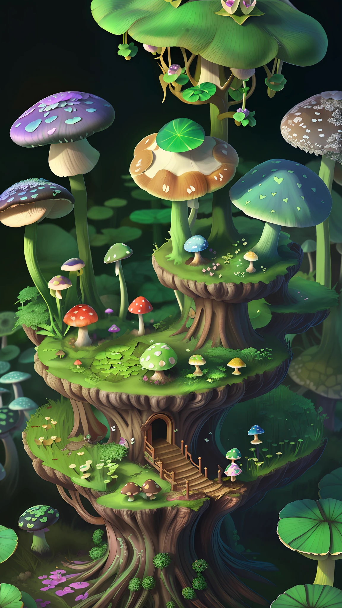 "Mushroom forest，butterflys，lotuses，the elf，four-leaf clover，Cyber Mushroom Forest，Ultra-detailed digital fantasy art。Mushrooms are everywhere in the picture，The unique mushroom shape creates a magical casa scene。"