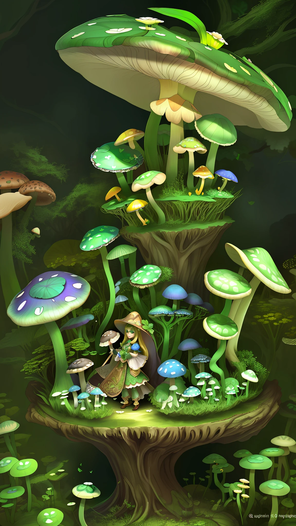 "Mushroom forest,butterflys,lotuses,the elf,four-leaf clover,Cyber Mushroom Forest,Ultra-detailed digital fantasy art。Mushrooms are everywhere in the picture,The unique mushroom shape creates a magical casa scene。"