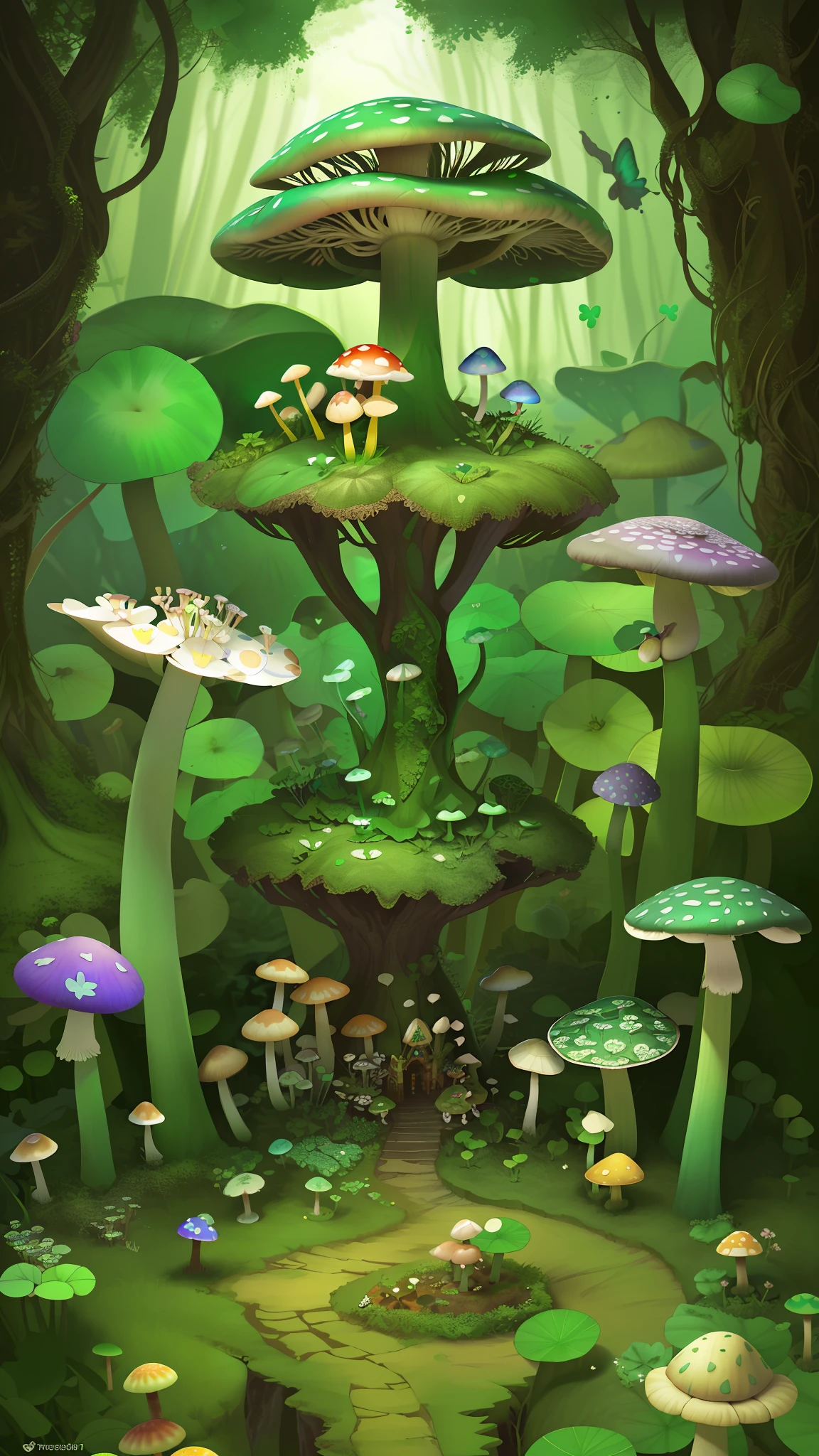 "Mushroom forest,butterflys,lotuses,the elf,four-leaf clover,Cyber Mushroom Forest,Ultra-detailed digital fantasy art。Mushrooms are everywhere in the picture,The unique mushroom shape creates a magical casa scene。"