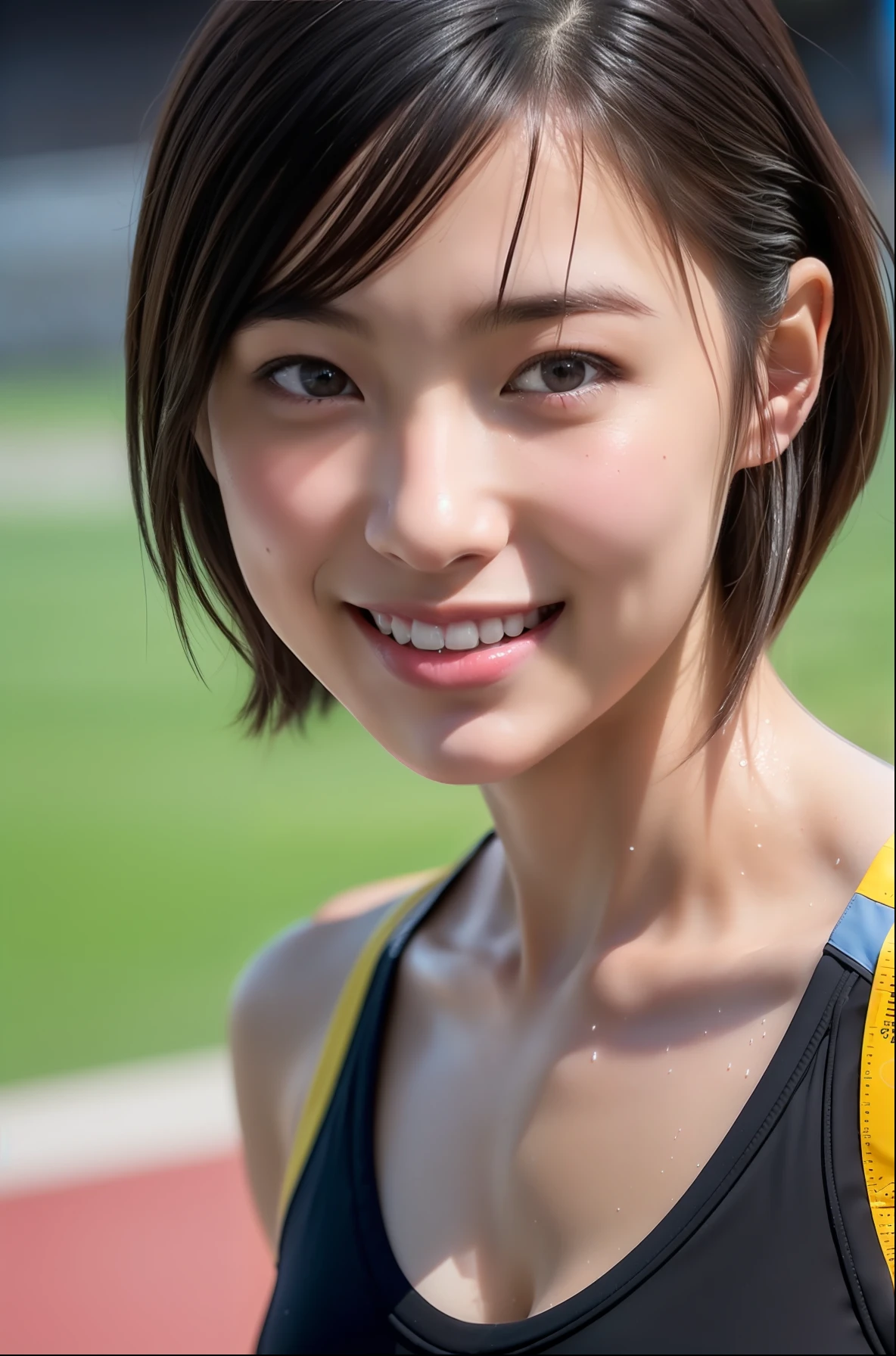 (((short-range、long distance、Mass sweat)))、1 Beautiful Girl、Wet shirt、a wet body、((Track & Field Athletes Women))、(((1人)))、((Short-cut hairstyles))、Competition uniforms、((stadium))、Transcendent cute、A slight smil、Beautiful breasts、full bodyesbian、hairarmpits、athletic field、((Outstanding style))、((Healthy body))、 、Women in Japan、Photorealsitic、Beautiful detailed eyes、Hyper-Realism、highcontrast、Ultra HD、realistic skin textures、Top image quality、top-quality、超A high resolution、Fine details、Very meticulously