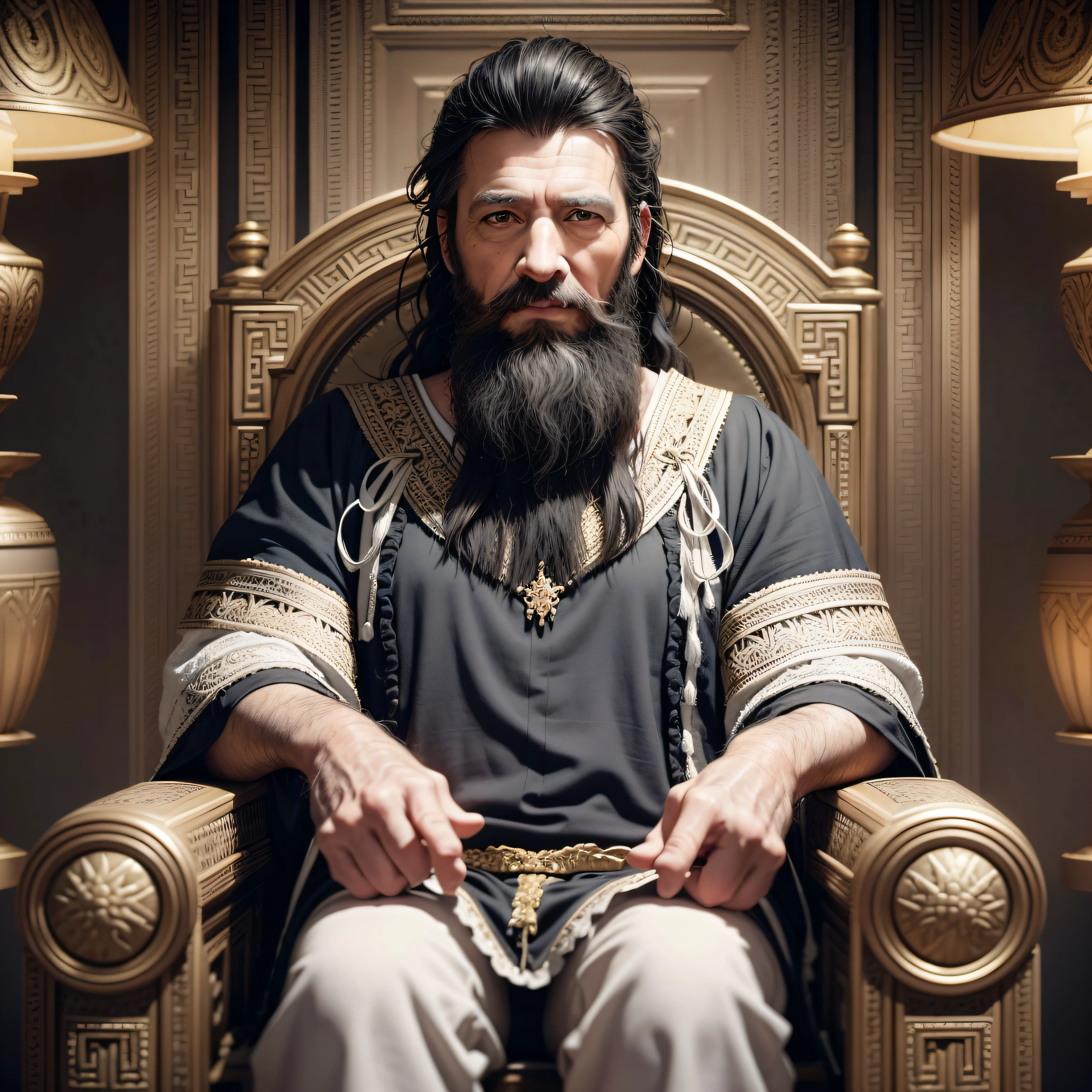 Vintage elderly realistic portrait sitting on a throne, serious, natural skin, light facial, ambient lighting, vivid neon colors, super detailed, realistic details, 8K, 3D, octane, curled black beard, curled black hair, white tunic, greek, white clothing