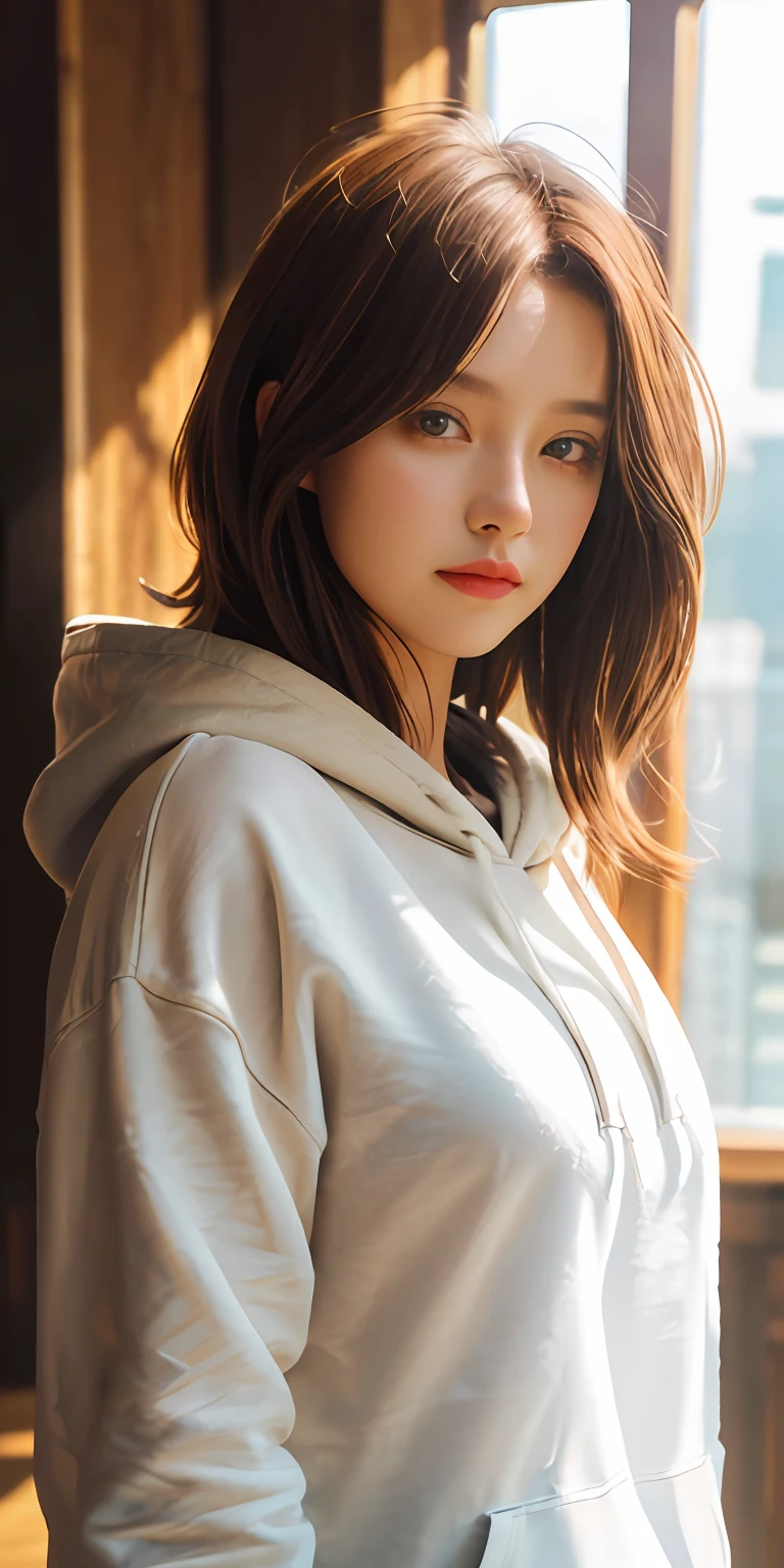1girl, masterpiece, top quality, 8k hdr, RAW, looking at viewer, intricate details, sharp focus, natural lighting, realistic, professional, delicate, amazing, finely detailed, beautiful detailed, colourful, medium hair, brown hair, upper body, hoodie, medium breasts