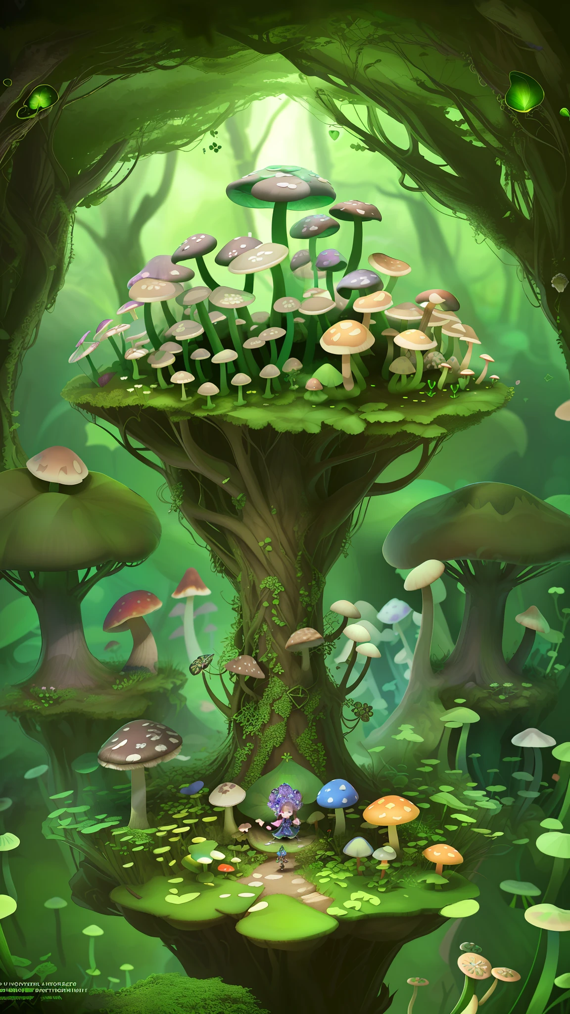 "Mushroom forest,butterflys,lotuses,the elf,four-leaf clover,Cyber Mushroom Forest,Ultra-detailed digital fantasy art。Mushrooms are everywhere in the picture,The unique mushroom shape creates a magical casa scene。"