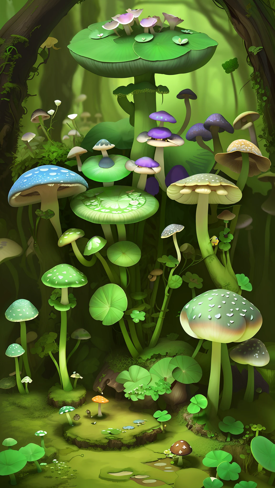 "Mushroom forest，butterflys，lotuses，the elf，four-leaf clover，Cyber Mushroom Forest，Ultra-detailed digital fantasy art。Mushrooms are everywhere in the picture，The unique mushroom shape creates a magical casa scene。"