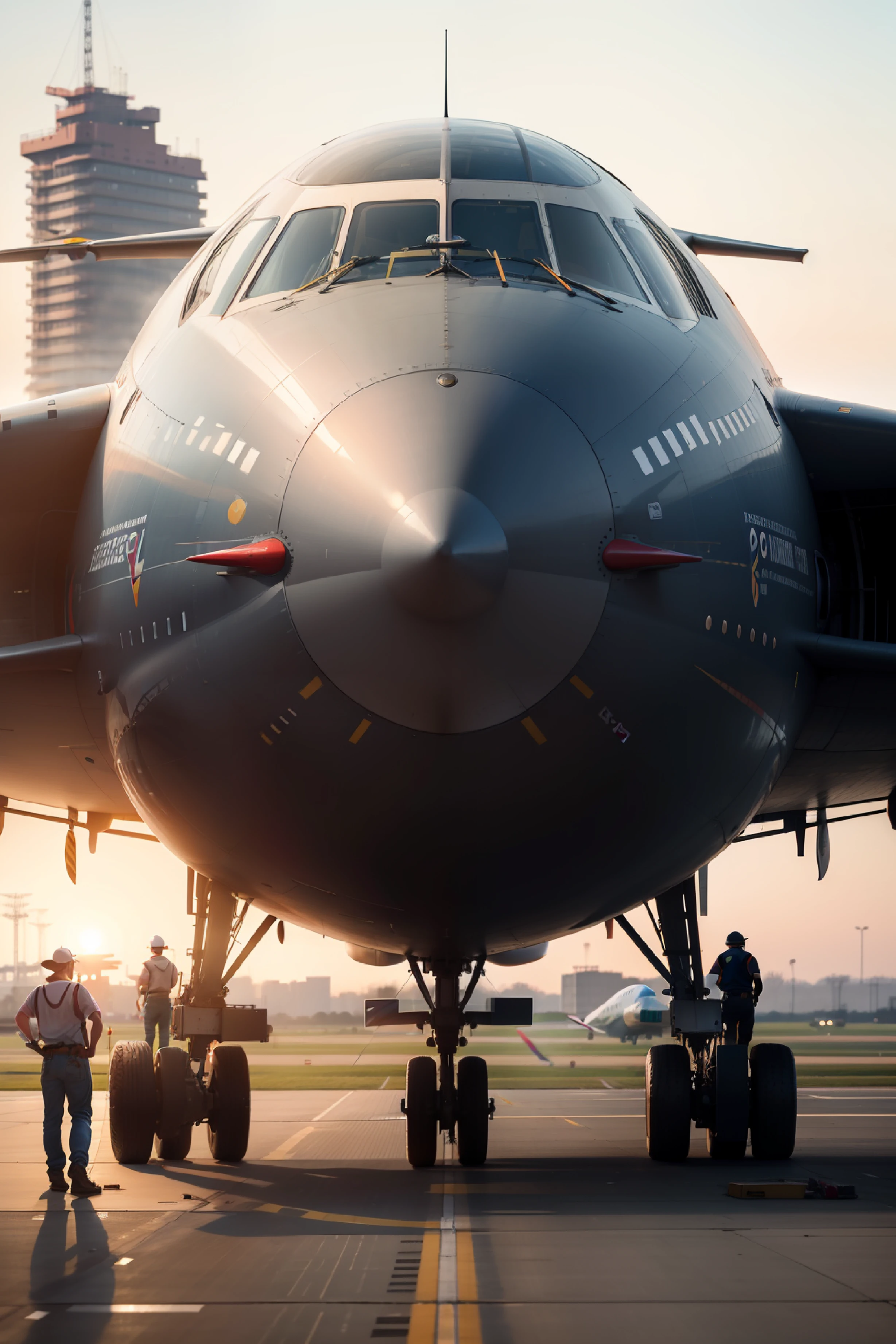 High-definition images of real reality scenes,Highlight a large aircraft, the A380, on the airport runway waiting to fly,Greeting the rising sun,There should be on the plane"China Migration"logo instead of other logos,You can see the bright runway,4K,Multiple maintenance workers and maintenance workers are doing take-off overhauls in various parts of the aircraft,Each maintenance man's armband is"Finance"