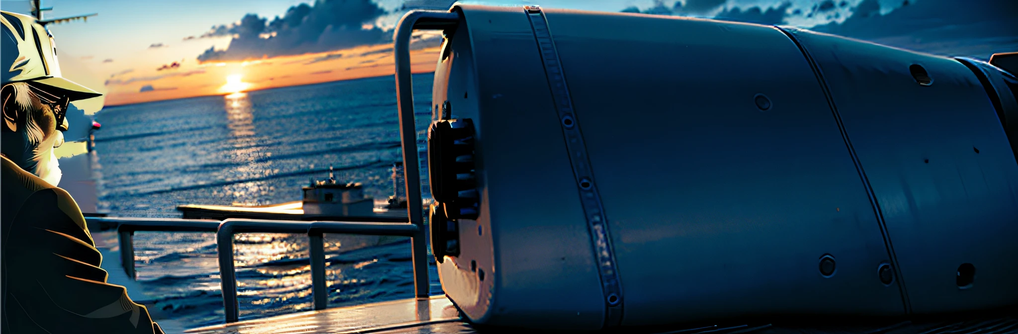 por do sol, ao mar, at the bow of an aircraft carrier